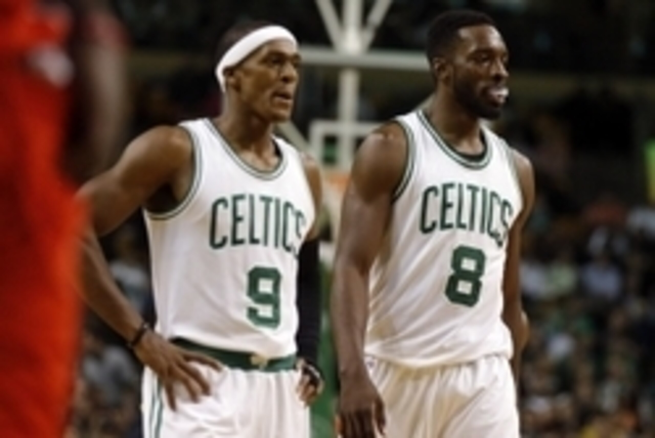 Nov 5, 2014; Boston, MA, USA; Boston Celtics guard Rajon Rondo (9) and forward Jeff Green (8) return up court against the Toronto Raptors in the first half at TD Garden. The Toronto Raptors defeated the Boston Celtics 110-107. Mandatory Credit: David Butl