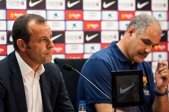 BARCELONA, SPAIN - JULY 19:  FC Barcelona President Sandro Rosell (L) and Sports Director Andoni Zubizarreta face the media during a press conference at the Sant Joan Despi Sports Complex on July 19, 2013 in Barcelona, Spain. Sandro  Rosell has announced 