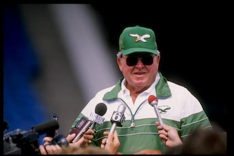 1989:  Coach Buddy Ryan of the Philadelphia Eagles talks to reporters about a game against the Cleveland Browns at the American Bowl in London, England.  The Eagles won the game 17-13. Mandatory Credit: Allsport  /Allsport