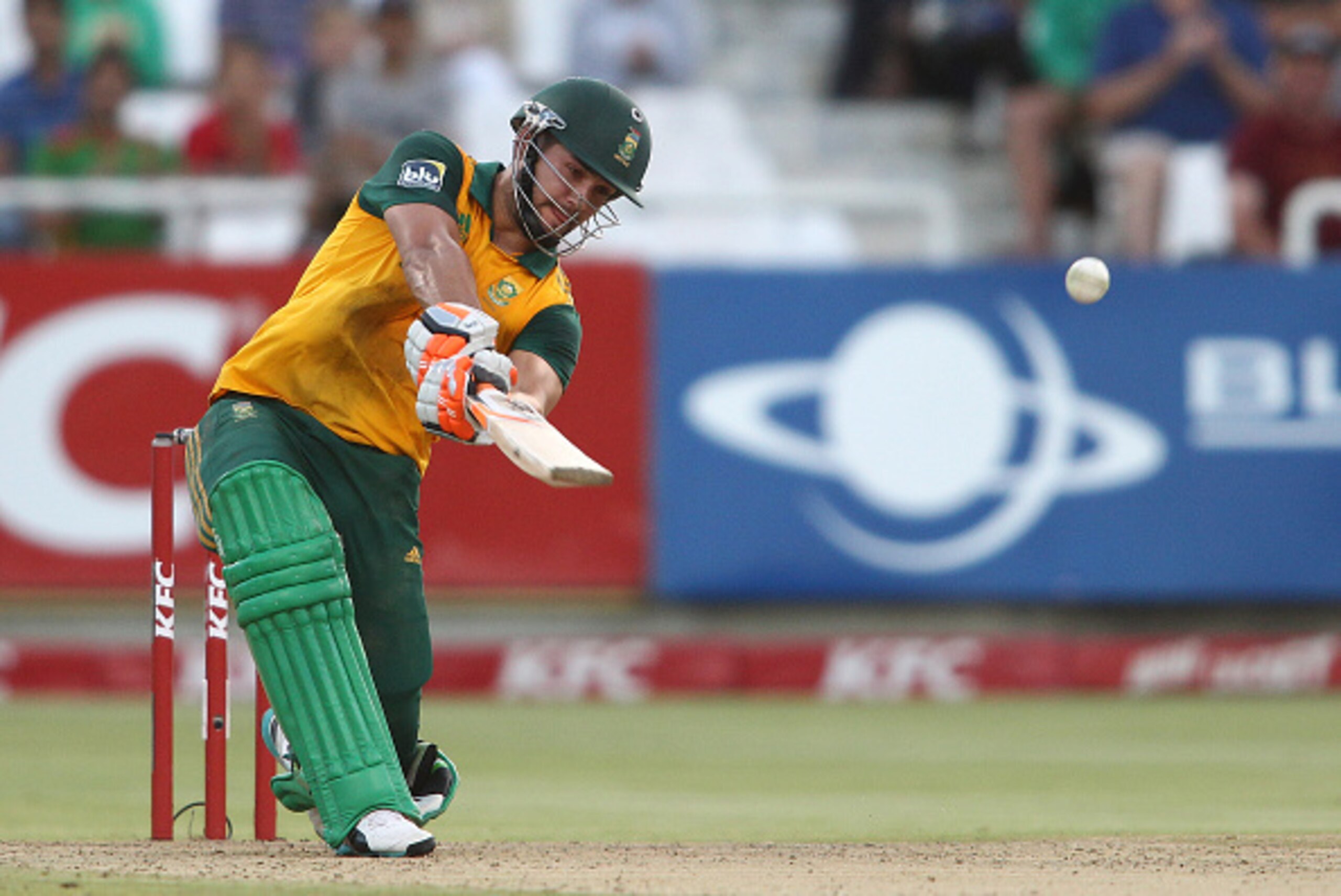 CAPE TOWN, SOUTH AFRICA - JANUARY 09: Rilee Rossouw of South Africa hits over the top to the boundary during the 1st KFC T20 International match between South Africa and West Indies at Sahara Park Newlands on January 09, 2015 in Cape Town, South Africa. (