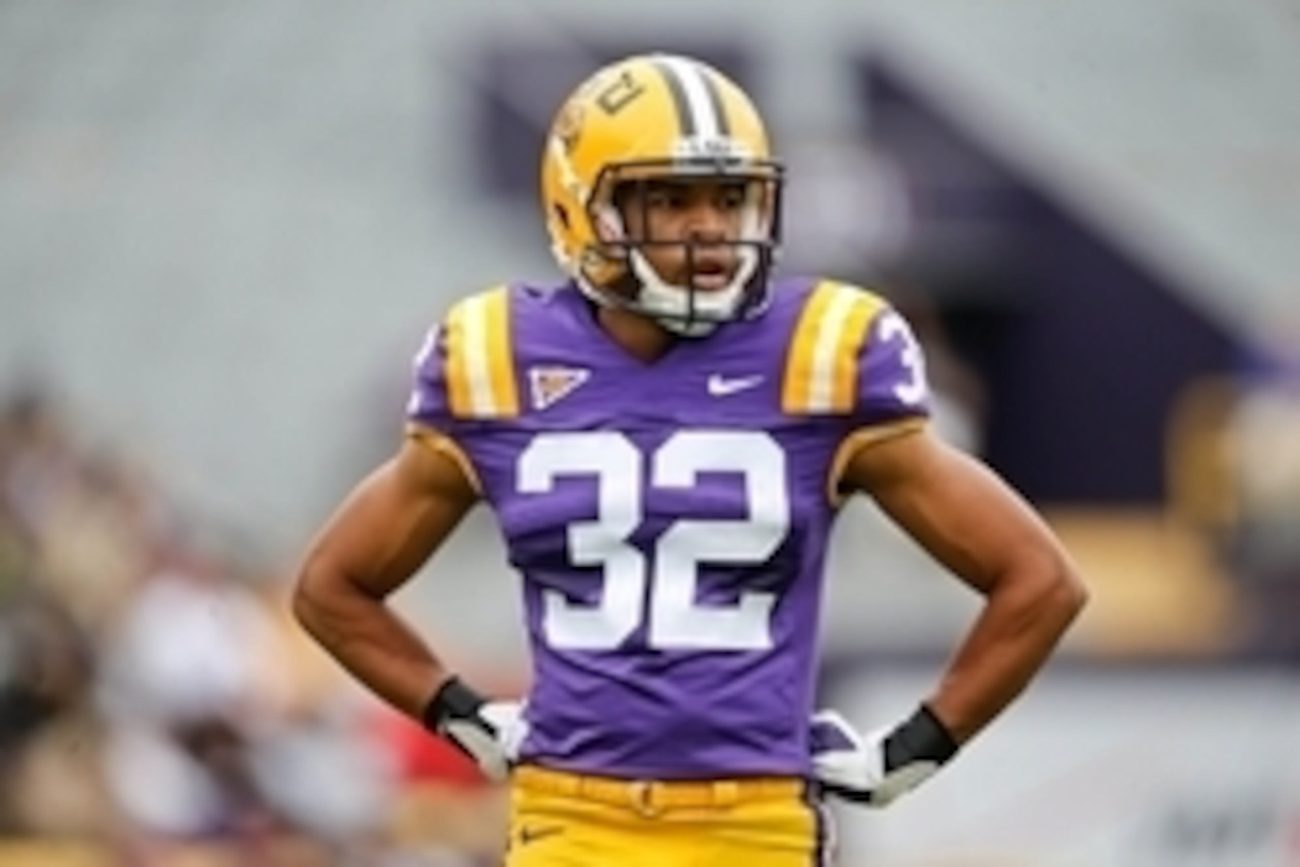 Apr 5, 2014; Baton Rouge, LA, USA; LSU Tigers cornerback Jalen Collins (32) during the 2014 spring game at Tiger Stadium. Mandatory Credit: Derick E. Hingle-USA TODAY Sports