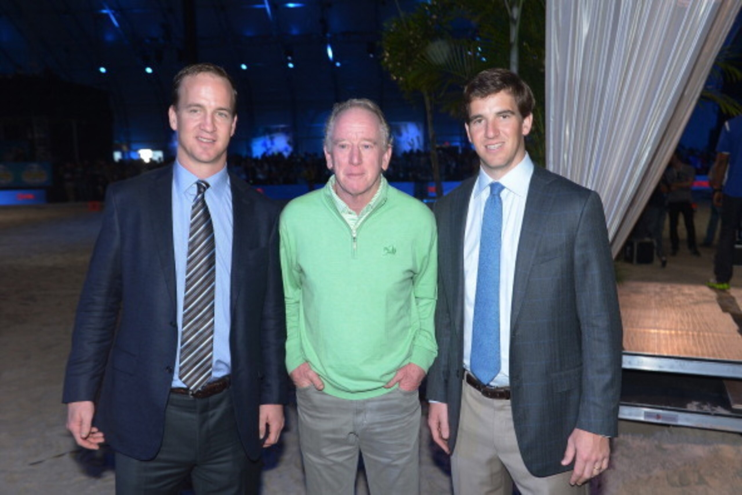 NEW ORLEANS, LA - FEBRUARY 02: (L-R) Peyton Manning, Archie Manning, and Eli Manning attend DIRECTV'S Seventh Annual Celebrity Beach Bowl at DTV SuperFan Stadium at Mardi Gras World on February 2, 2013 in New Orleans, Louisiana.  (Photo by Michael Loccisa