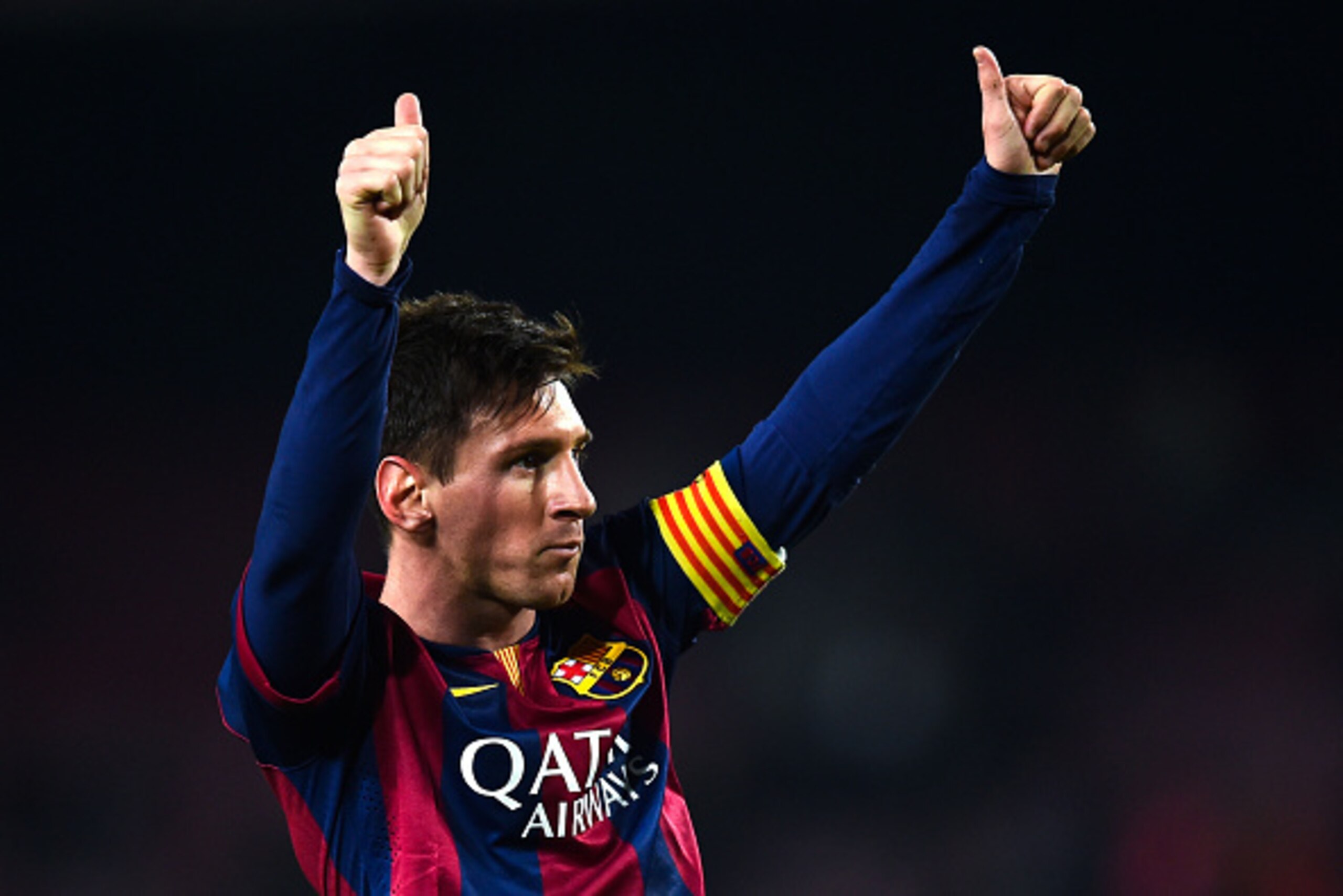 BARCELONA, SPAIN - JANUARY 08: Lionel Messi of FC Barcelona celebrates after scoring his team's third goal during the Copa del Rey Round of 16 First Leg match between FC Barcelona and Elche CF at Camp Nou on January 8, 2015 in Barcelona, Spain. (Photo b BARCELONA, SPAIN - JANUARY 08: Lionel Messi of FC Barcelona celebrates after scoring his team's third goal during the Copa del Rey Round of 16 First Leg match between FC Barcelona and Elche CF at Camp Nou on January 8, 2015 in Barcelona, Spain. (Photo b