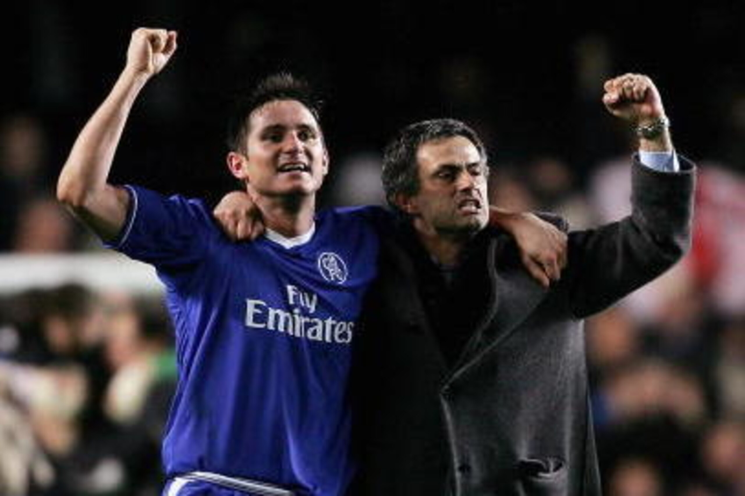 LONDON - MARCH 8: Frank Lampard and Jose Mourinho of Chelsea celebrate victory at the end of the UEFA Champions League, First Knockout Round, Second Leg match between Chelsea and Barcelona at Stamford Bridge on March 8, 2005 in London, England. (Photo b LONDON - MARCH 8: Frank Lampard and Jose Mourinho of Chelsea celebrate victory at the end of the UEFA Champions League, First Knockout Round, Second Leg match between Chelsea and Barcelona at Stamford Bridge on March 8, 2005 in London, England. (Photo b