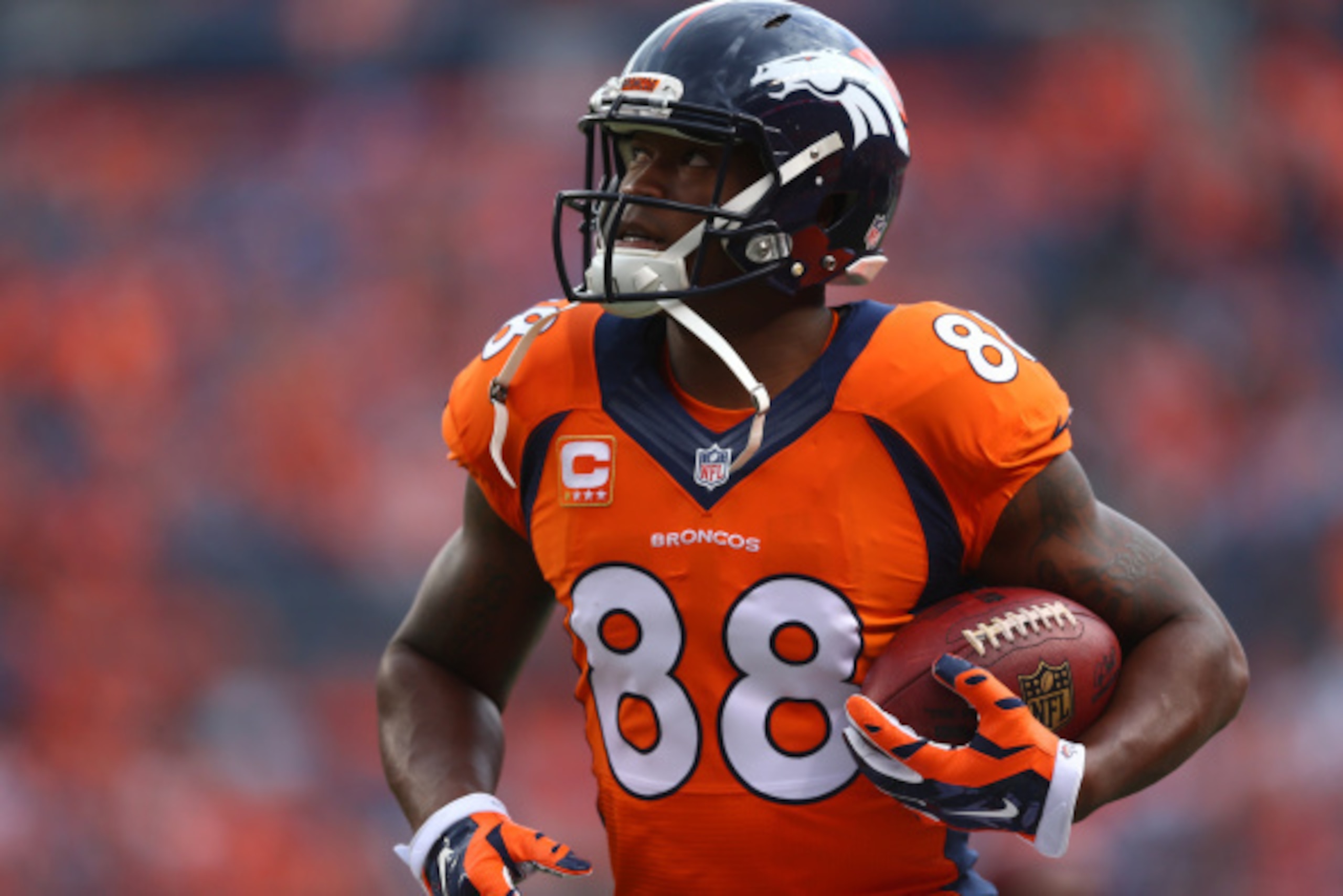 DENVER, CO - SEPTEMBER 7:  Wide receiver Demaryius Thomas #88 of the Denver Broncos warms up before a game against the Indianapolis Colts at Sports Authority Field at Mile High on September 7, 2014 in Denver, Colorado.  (Photo by Jeff Gross/Getty Images)