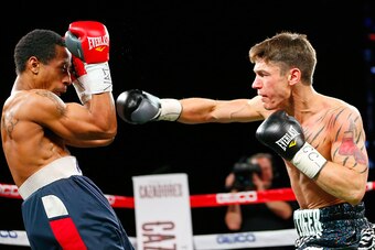 NEW YORK, NY - JANUARY 09:  Frank Jordan (L) battles Dustin Fleischer as Roc Nation Sports presents throne boxing January 9th event live on FOX Sports 1 from The Theater at Madison Square Garden on January 9, 2015 in New York City.  (Photo by Rich Schultz