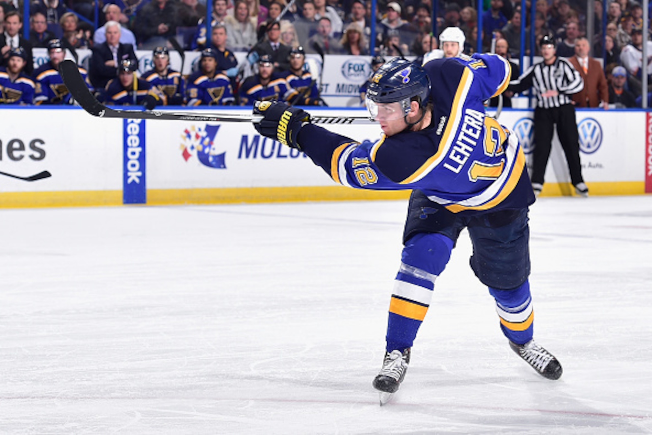 ST. LOUIS, MO - JANUARY 8:  Jori Lehtera #12 of the St. Louis Blues scores a goal against the San Jose Sharks on January 8, 2015 at Scottrade Center in St. Louis, Missouri. (Photo by Scott Rovak/NHLI via Getty Images)