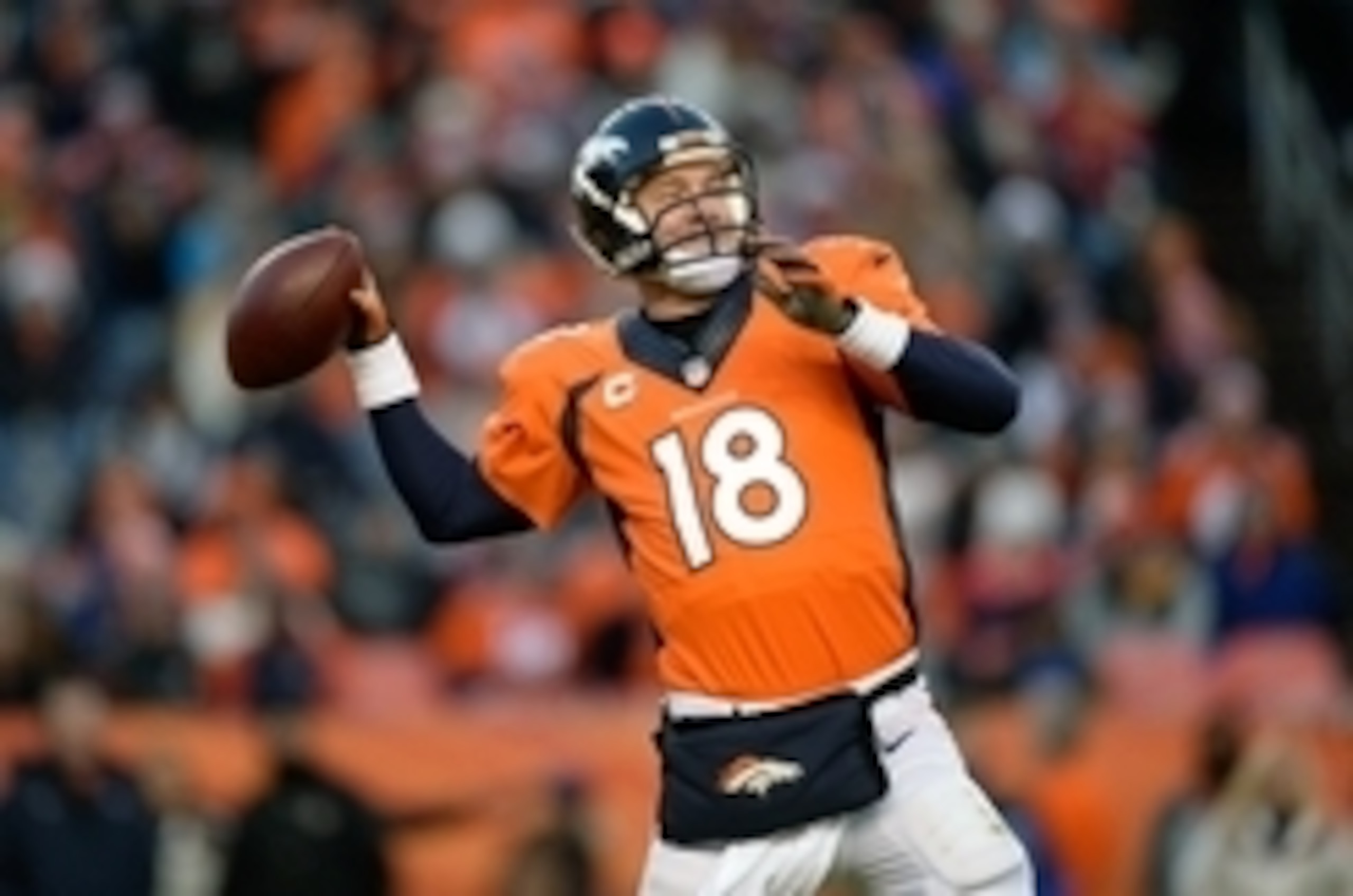 Dec 28, 2014; Denver, CO, USA; Denver Broncos quarterback Peyton Manning (18) prepares to pass against the Oakland Raiders in the fourth quarter at Sports Authority Field at Mile High. The Broncos defeated the Raiders 47-14. Mandatory Credit: Ron Chenoy-U