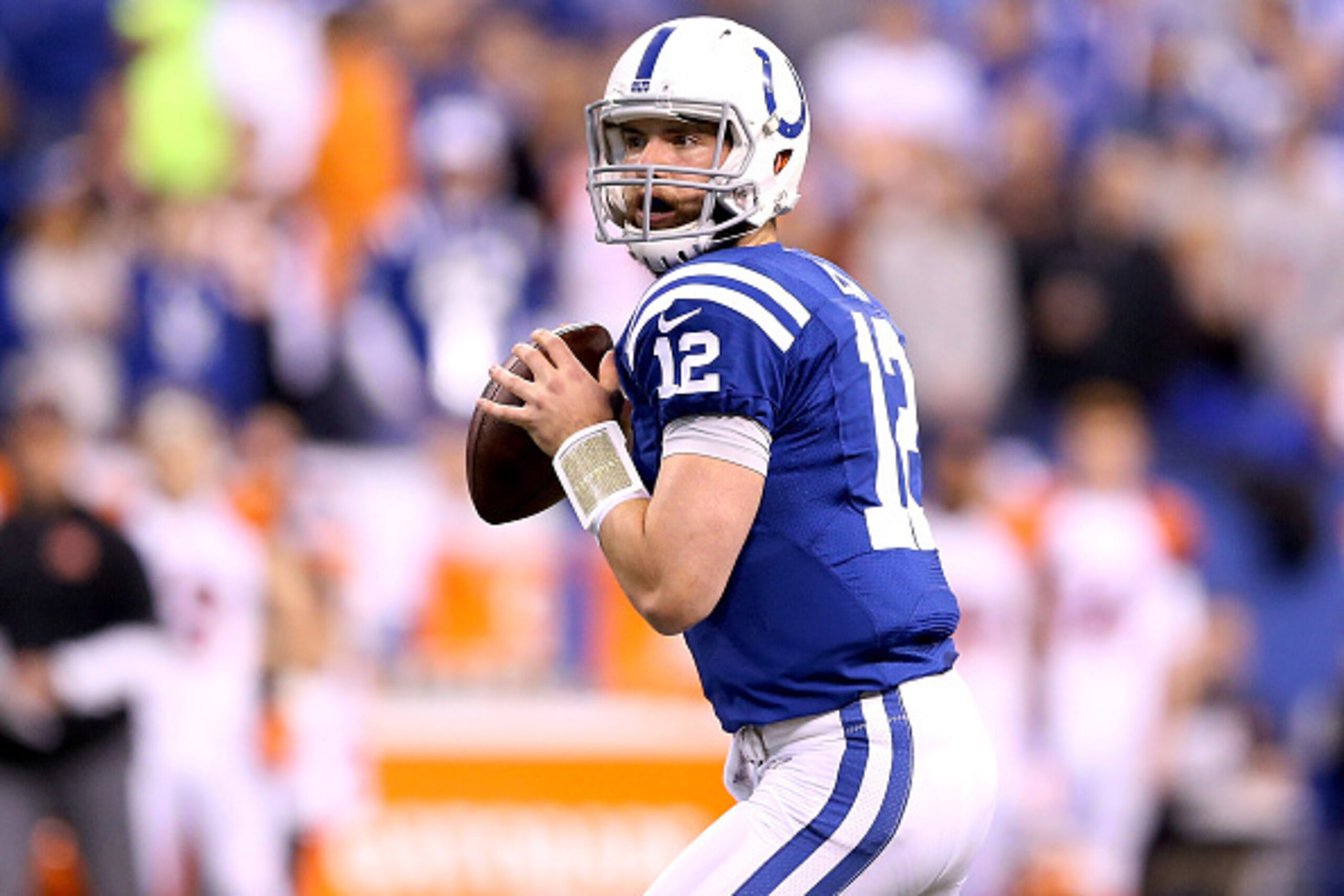 INDIANAPOLIS, IN - JANUARY 04: Quarterback Andrew Luck #12 of the Indianapolis Colts throws in the first half against the Cincinnati Bengals during their AFC Wild Card game at Lucas Oil Stadium on January 4, 2015 in Indianapolis, Indiana. (Photo by Andy INDIANAPOLIS, IN - JANUARY 04: Quarterback Andrew Luck #12 of the Indianapolis Colts throws in the first half against the Cincinnati Bengals during their AFC Wild Card game at Lucas Oil Stadium on January 4, 2015 in Indianapolis, Indiana. (Photo by Andy