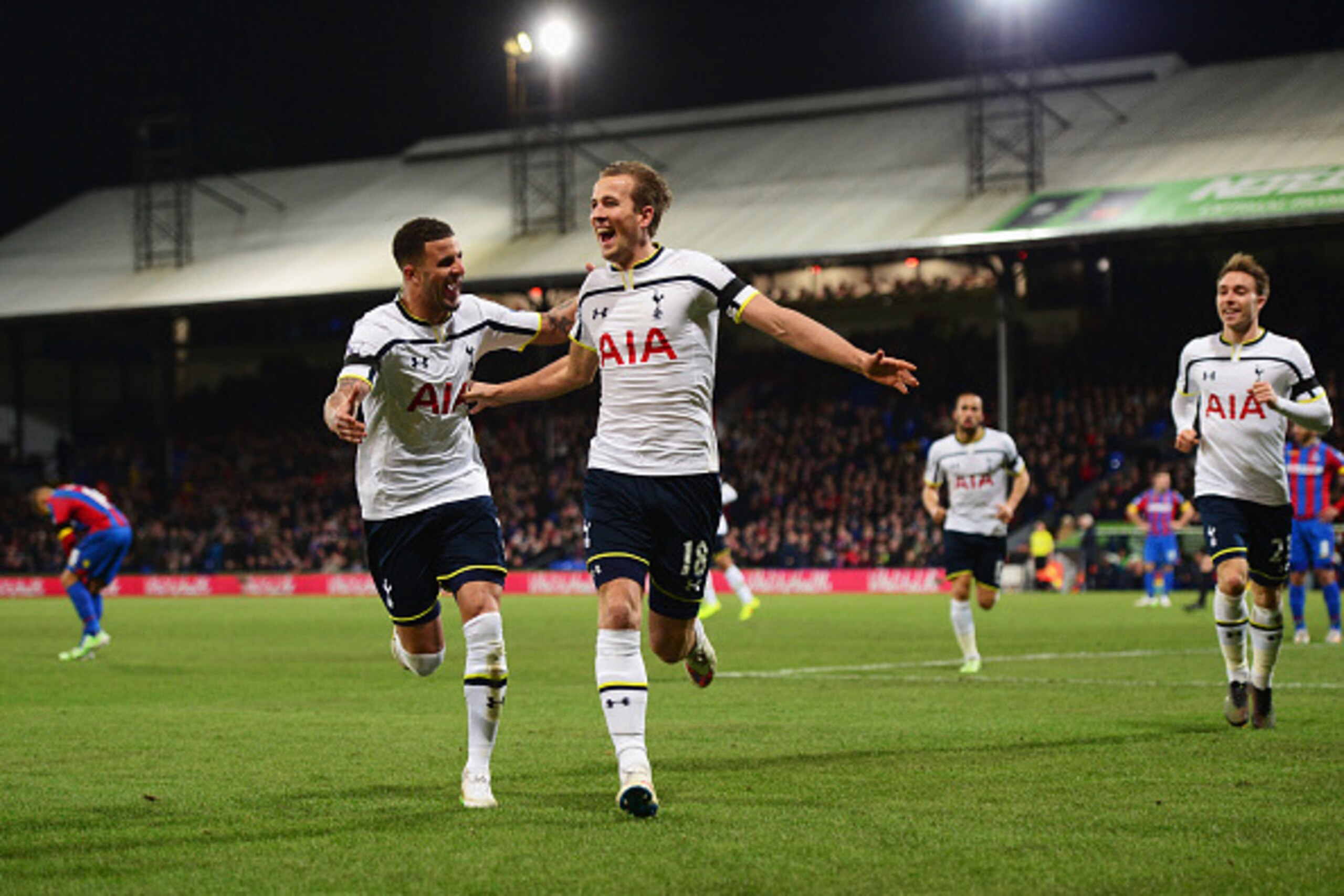 LONDON, ENGLAND - JANUARY 10: Harry Kane of Spurs (18) celebrates with Kyle Walker as he scores their first goal during the Barclays Premier League match between Crystal Palace and Tottenham Hotspur at Selhurst Park on January 10, 2015 in London, England LONDON, ENGLAND - JANUARY 10: Harry Kane of Spurs (18) celebrates with Kyle Walker as he scores their first goal during the Barclays Premier League match between Crystal Palace and Tottenham Hotspur at Selhurst Park on January 10, 2015 in London, England
