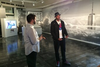 Carmelo Anthony as art curator inside his customized Jordan Brand Terminal 23 gym, with the artistic backdrop of New York City all around him.