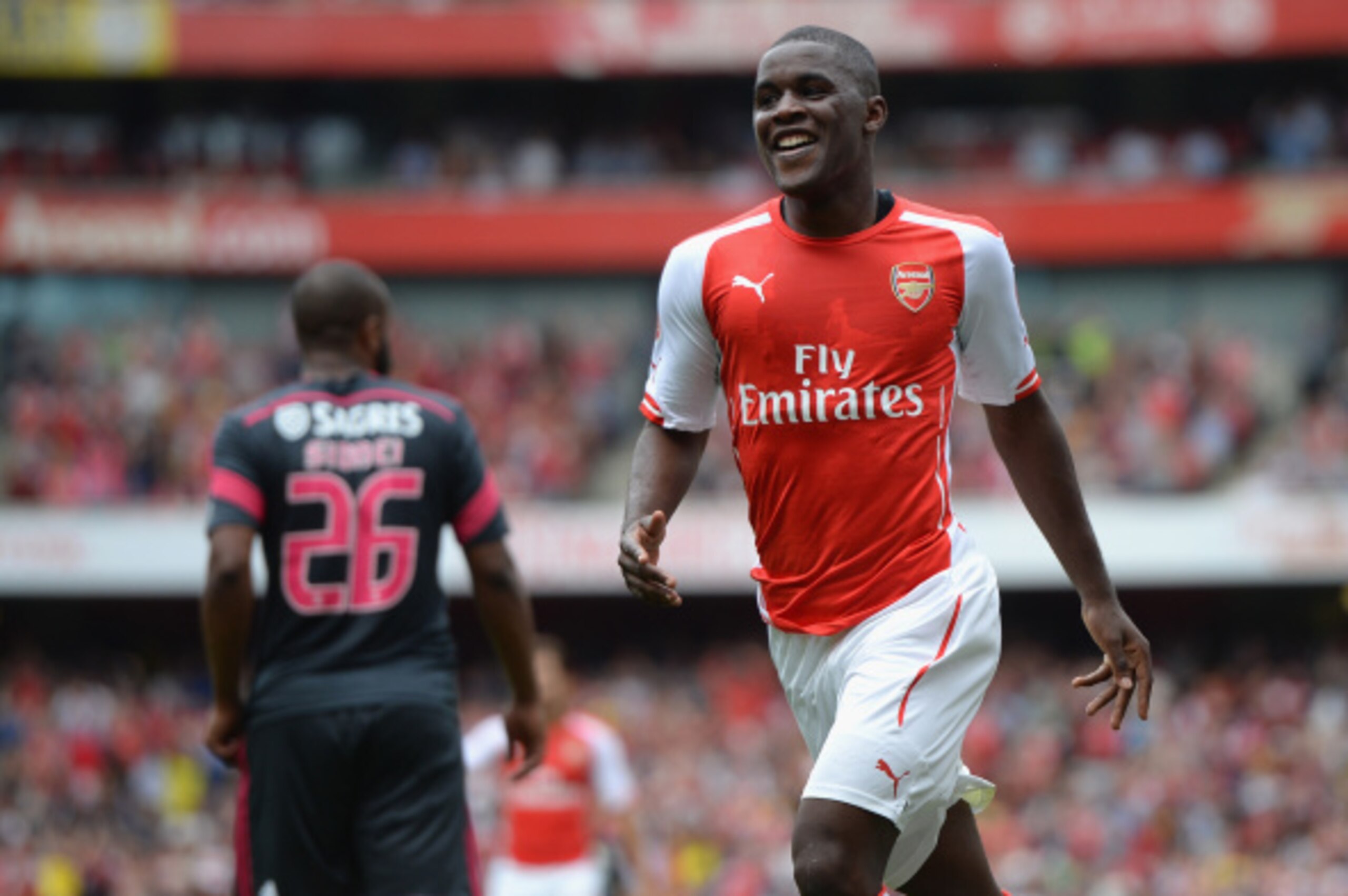 LONDON, ENGLAND - AUGUST 02:  Joel Campbell of Arsenal celebrates scoring during the Emirates Cup match between Arsenal and Benfica at the Emirates Stadium on August 2, 2014 in London, England.  (Photo by Michael Regan/Getty Images)