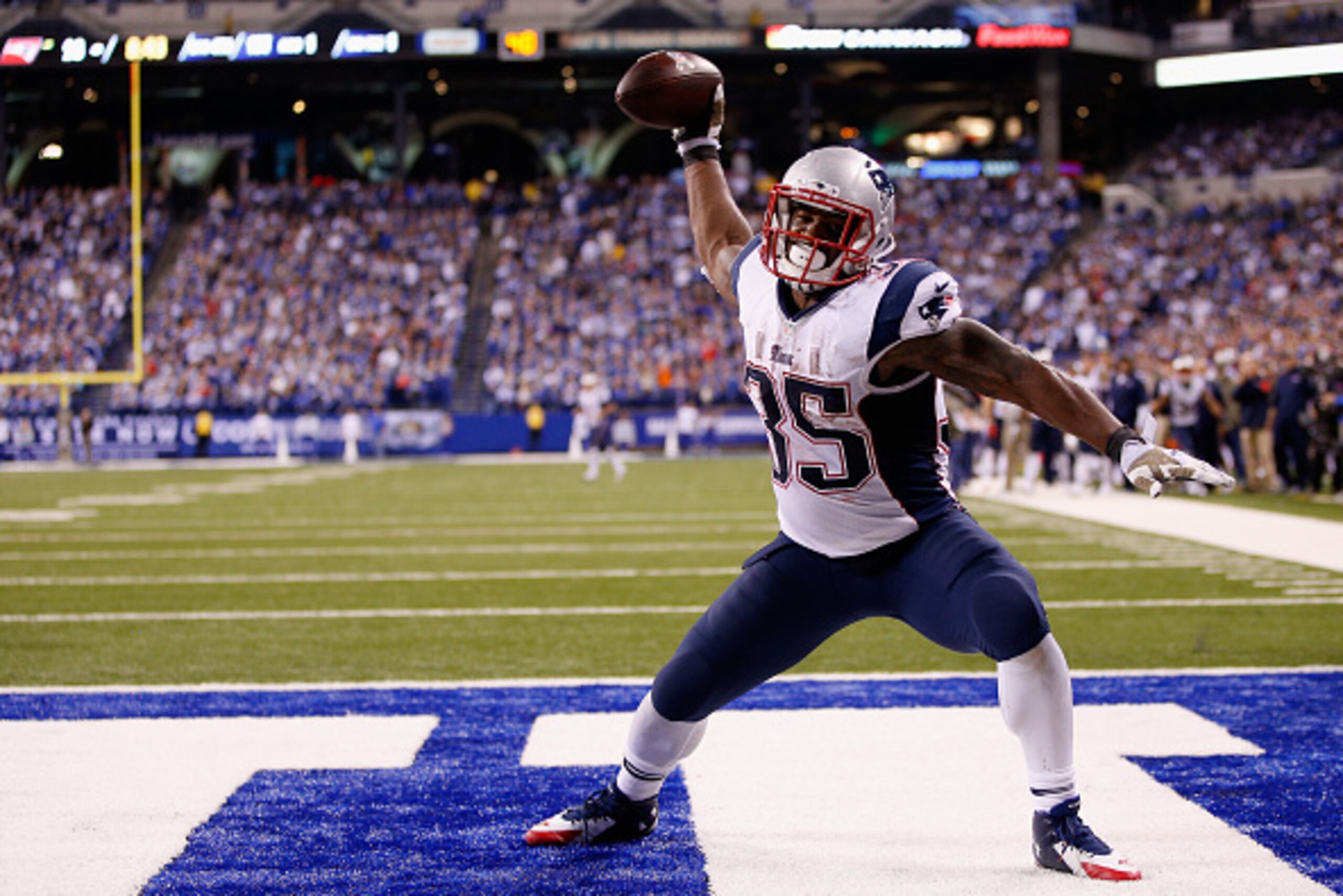 INDIANAPOLIS, IN - NOVEMBER 16:  Jonas Gray #35 of the New England Patriots celebrates scoring his fourth touchdown against the Indianapolis Colts during the fourth quarter of the game at Lucas Oil Stadium on November 16, 2014 in Indianapolis, Indiana.  (