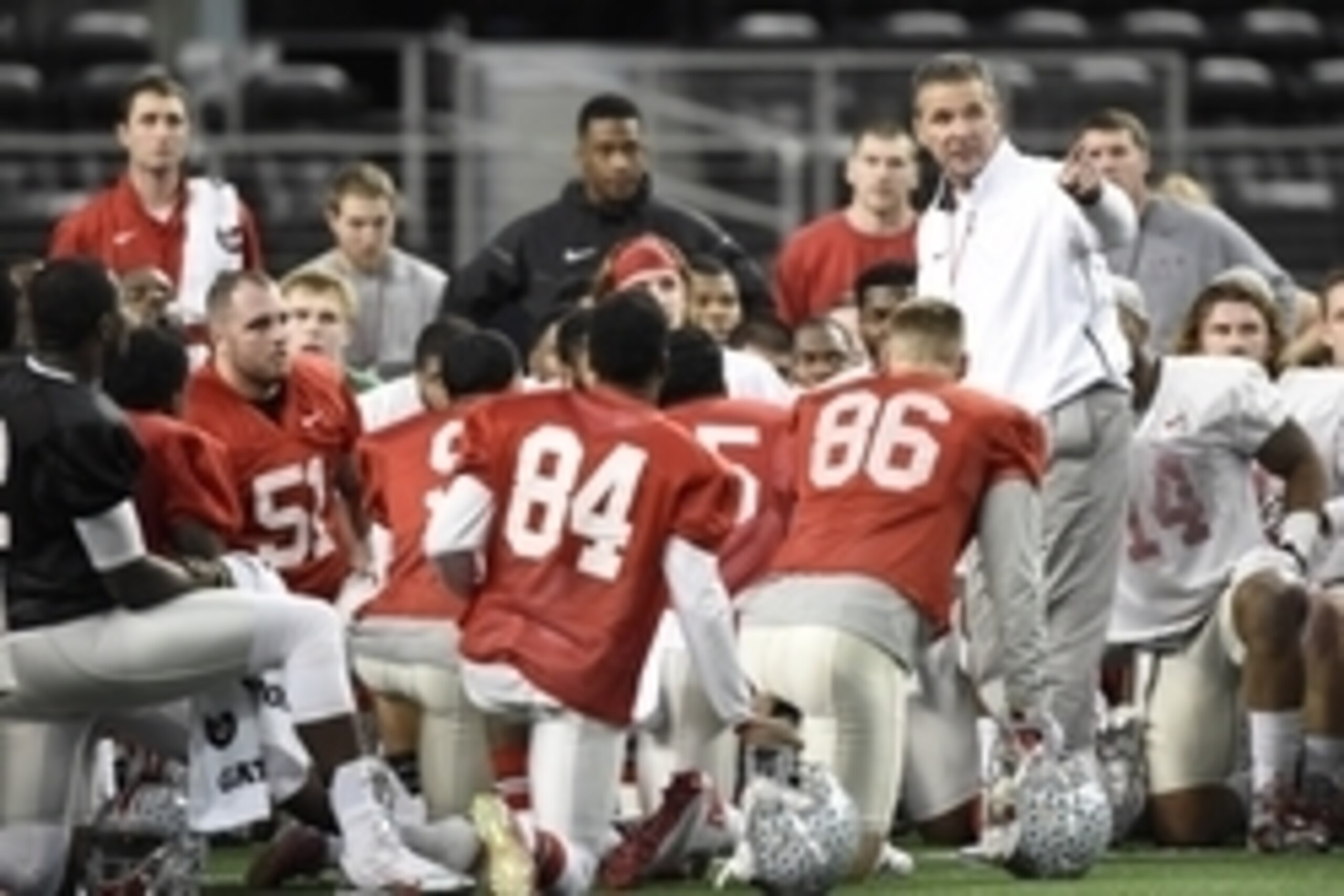 Jan 10, 2015; Arlington, TX, USA; Ohio State Buckeyes head coach Urban Meyer addresses his team during practice in preparation for the CFP National Championship Game at AT&T Stadium. Mandatory Credit: John David Mercer-USA TODAY Sports