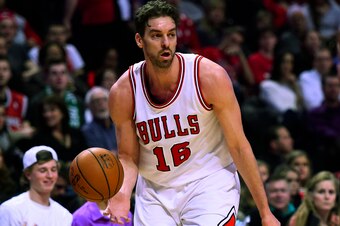 Jan 10, 2015; Chicago, IL, USA; Chicago Bulls forward Pau Gasol (16) gets a rebound against the Milwaukee Bucks during the first quarter at the United Center. Mandatory Credit: Mike DiNovo-USA TODAY Sports