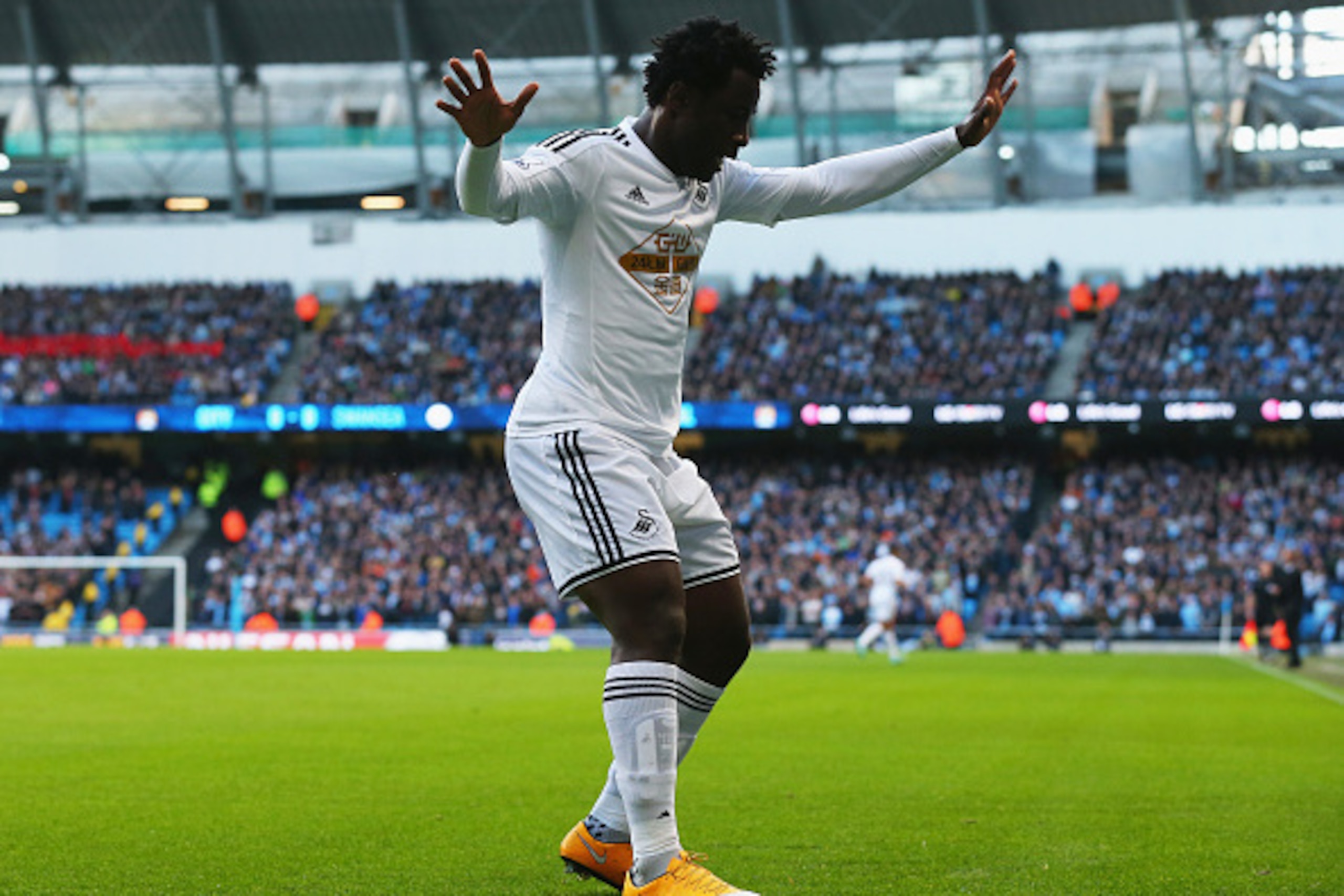 MANCHESTER, ENGLAND - NOVEMBER 22:  Wilfried Bony of Swansea City celebrates his opening goal during the Barclays Premier League match between Manchester City and Swansea City at Etihad Stadium on November 22, 2014 in Manchester, England.  (Photo by Alex 