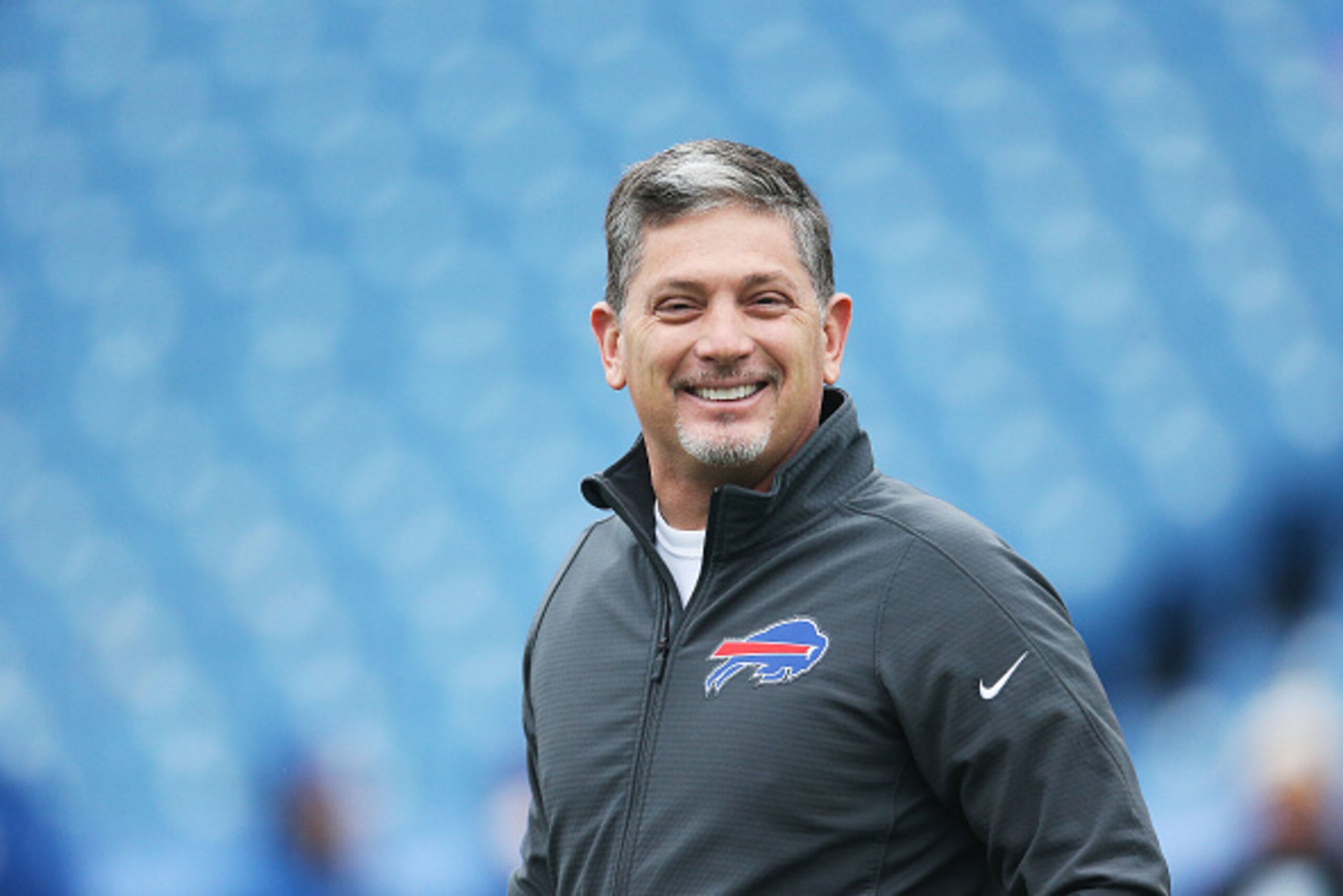 ORCHARD PARK, NY - DECEMBER 14:  Defensive coordinator Jim Schwartz of the Buffalo Bills watches warm-ups before the game against the Green Bay Packers at Ralph Wilson Stadium on December 14, 2014 in Orchard Park, New York.  (Photo by Tom Szczerbowski/Get