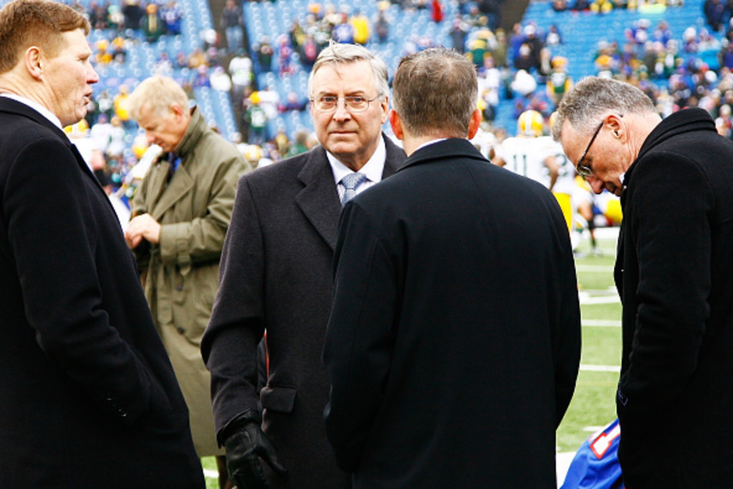 ORCHARD PARK, NY - DECEMBER 14:  Owner of the Buffalo Bills, Terry Pegula, watches warm-ups before the game against the Green Bay Packers at Ralph Wilson Stadium on December 14, 2014 in Orchard Park, New York.  (Photo by Michael Adamucci/Getty Images)