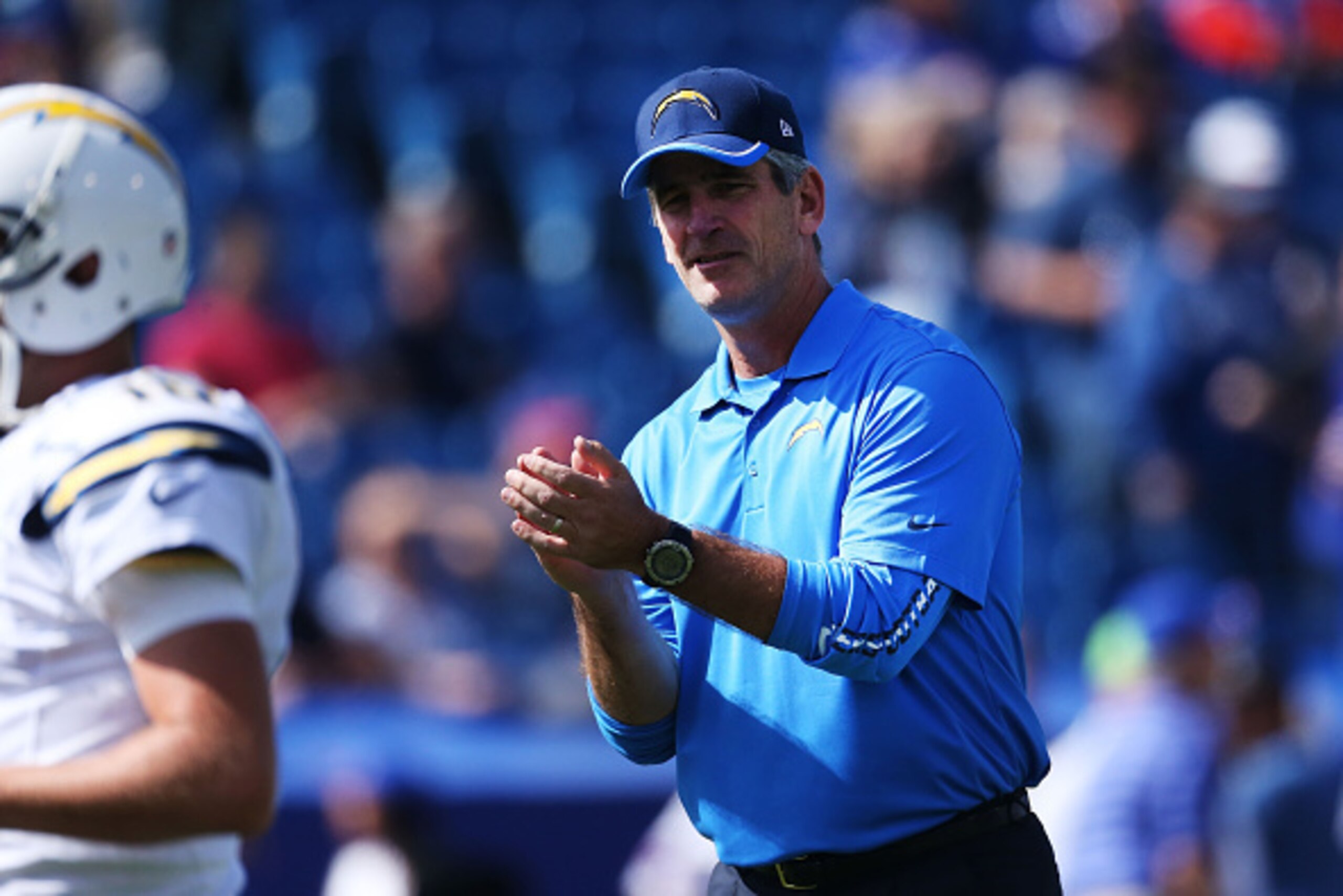 ORCHARD PARK, NY - SEPTEMBER 21:  Former Buffalo Bills quarterback and current offensive coordinator Frank Reich watches warm-ups before the game against the Buffalo Bills at Ralph Wilson Stadium on September 21, 2014 in Orchard Park, New York.  (Photo by
