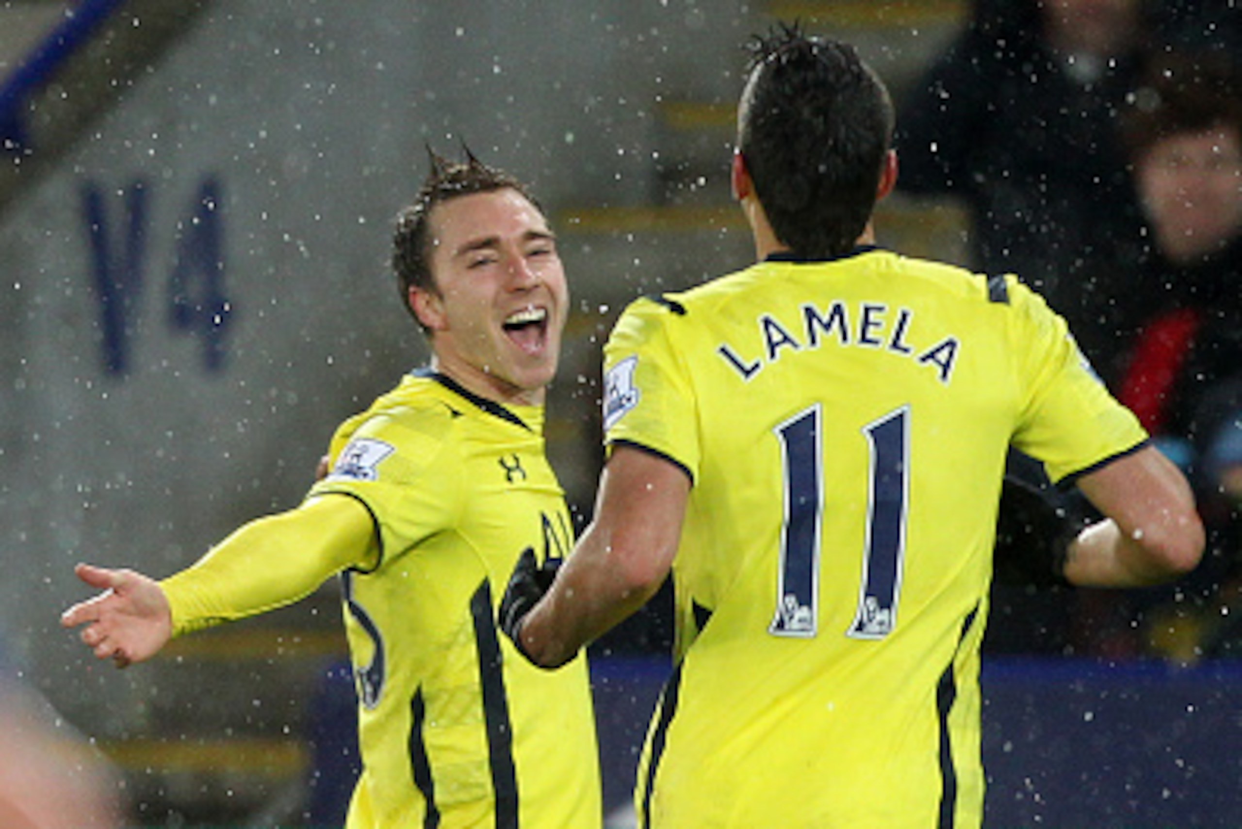 LEICESTER, ENGLAND - DECEMBER 26: Christian Eriksen of Spurs celebrates with team-mate Erik Lamela after scoring his team's second goal during the Barclays Premier League match between Leicester City and Tottenham Hotspur at The King Power Stadium on Dec LEICESTER, ENGLAND - DECEMBER 26: Christian Eriksen of Spurs celebrates with team-mate Erik Lamela after scoring his team's second goal during the Barclays Premier League match between Leicester City and Tottenham Hotspur at The King Power Stadium on Dec