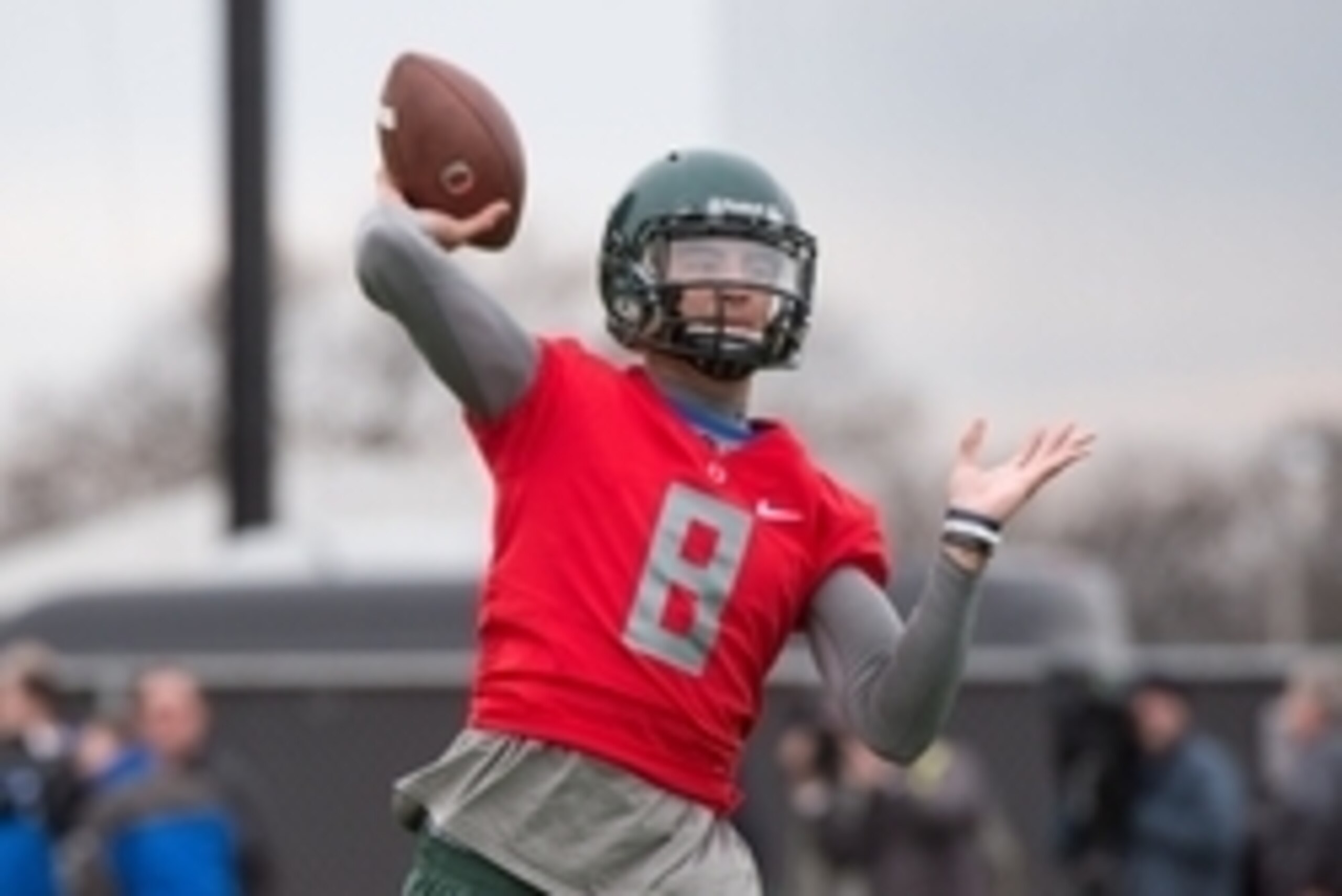 Jan 10, 2015; Euless, TX, USA; Oregon Ducks quarterback Marcus Mariota (8) during practice at the Euless Trinity High School football field. Mandatory Credit: Jerome Miron-USA TODAY Sports