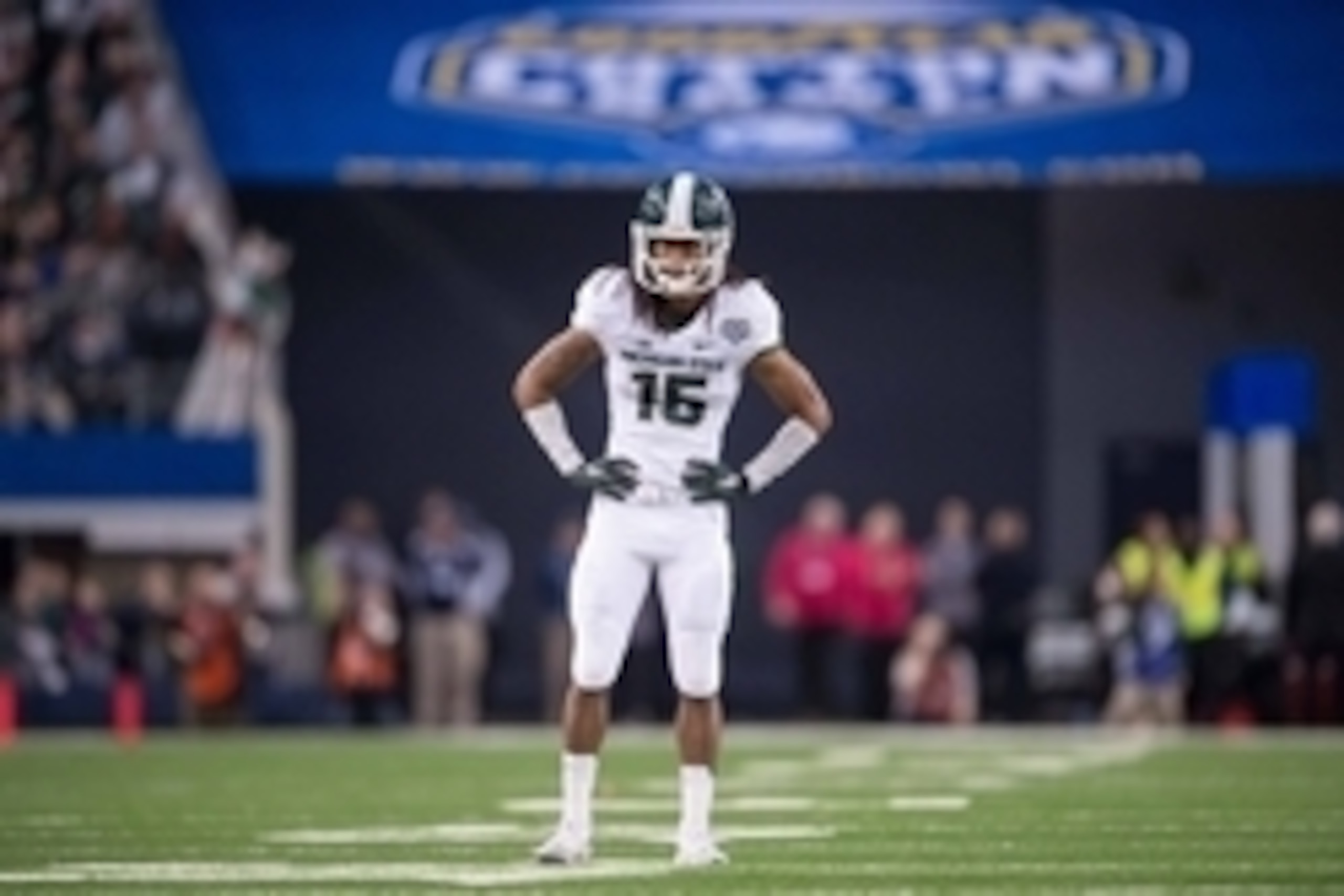 Jan 1, 2015; Arlington, TX, USA; Michigan State Spartans cornerback Trae Waynes (15) during the game against the Baylor Bears in the 2015 Cotton Bowl Classic at AT&T Stadium. The Spartans defeated the Bears 42-41. Mandatory Credit: Jerome Miron-USA TODAY 