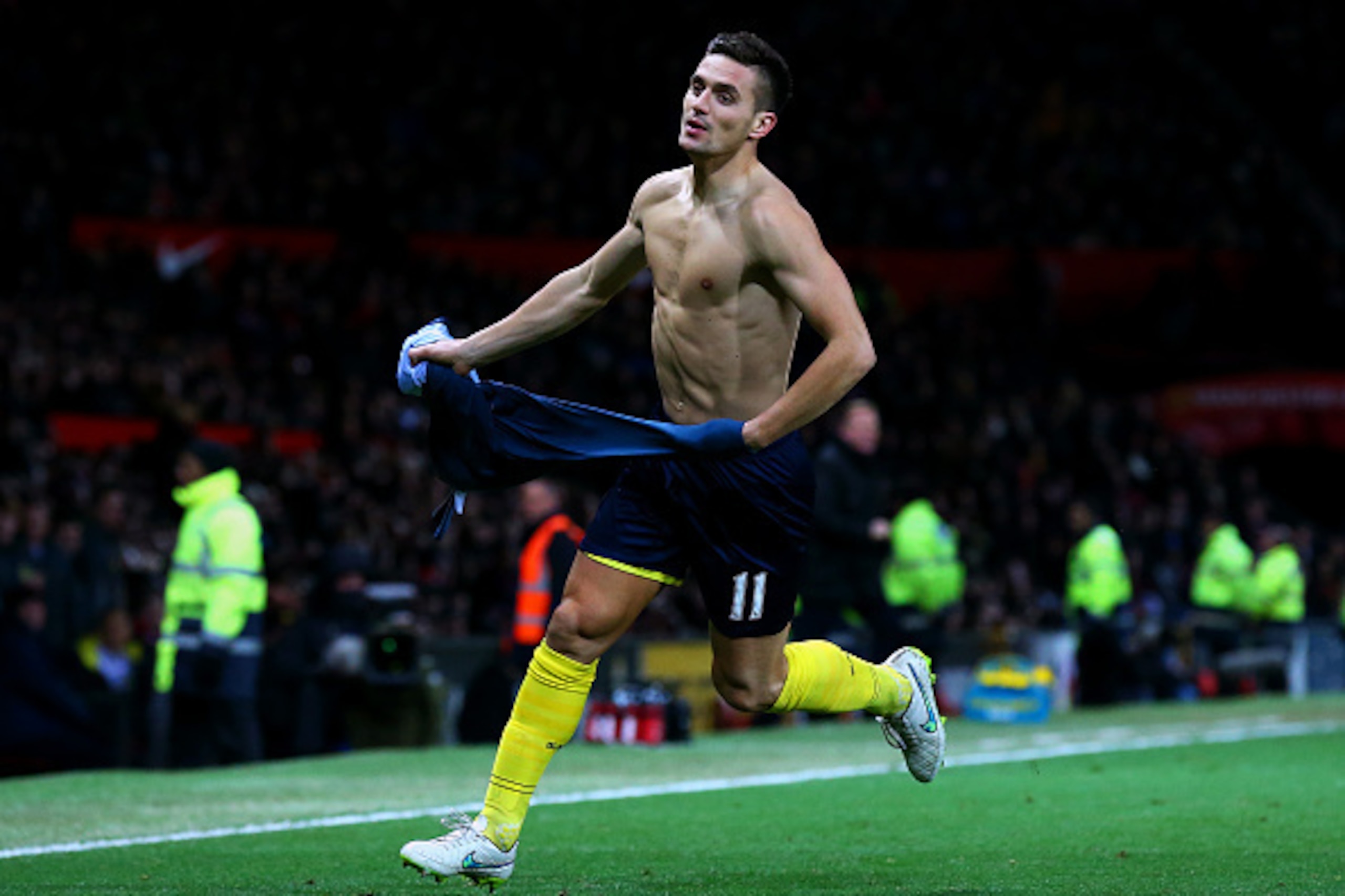 MANCHESTER, ENGLAND - JANUARY 11:  Dusan Tadic of Southampton after scoring the opening goal during the Barclays Premier League match between Manchester United and Southampton at Old Trafford on January 11, 2015 in Manchester, England.  (Photo by Alex Liv