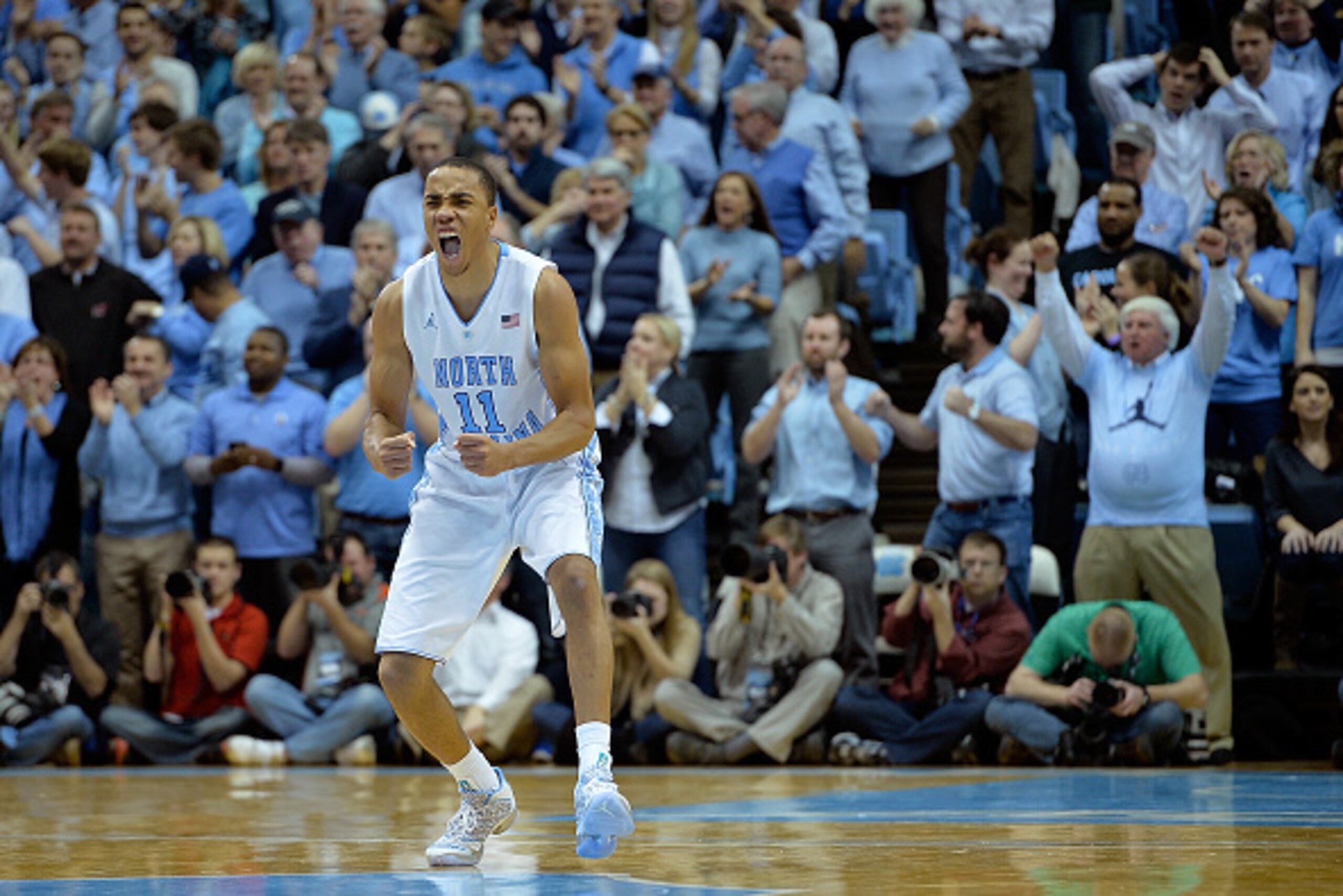 CHAPEL HILL, NC - JANUARY 10:  Brice Johnson #11 of the North Carolina Tar Heels reacts during a win against the Louisville Cardinals at the Dean Smith Center on January 10, 2015 in Chapel Hill, North Carolina. North Carolina won 72-71.  (Photo by Grant H