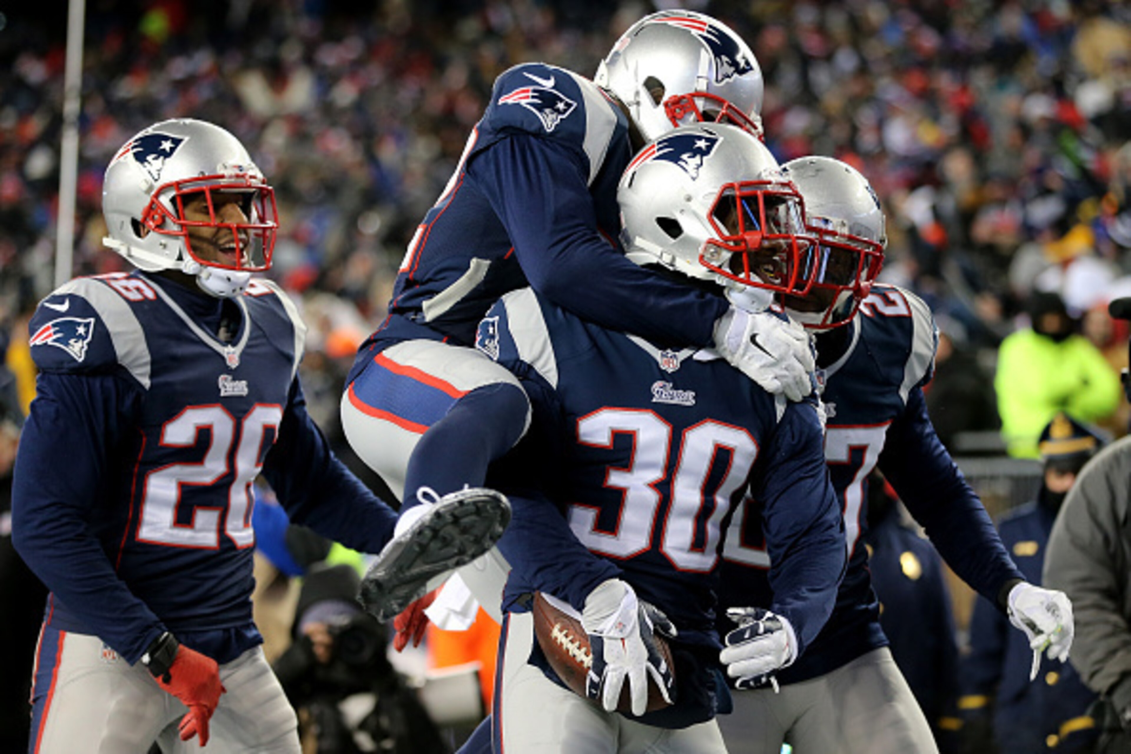FOXBORO, MA - JANUARY 10:  Duron Harmon #30 of the New England Patriots reacts after intercepting a pass late in the game during the 2015 AFC Divisional Playoffs game against the Baltimore Ravens at Gillette Stadium on January 10, 2015 in Foxboro, Massach