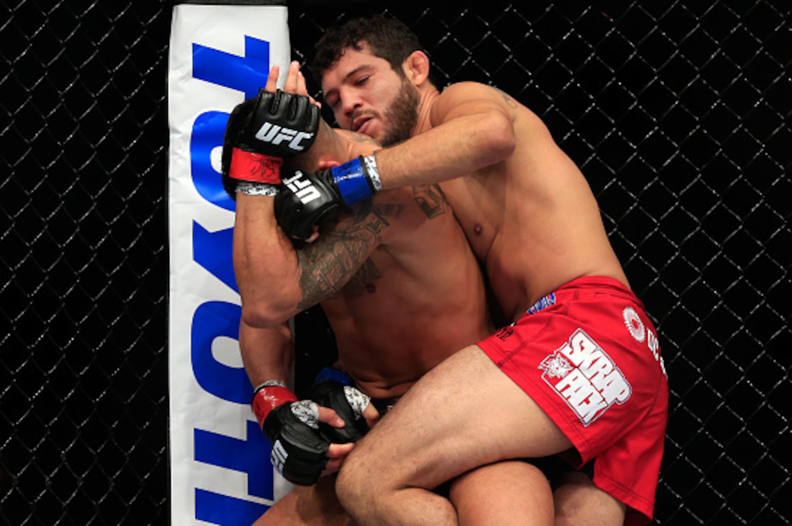 LAS VEGAS, NV - DECEMBER 06:  Anthony Pettis (black shorts) Gilbert Menendez (red shorts) fight in their lightweight title bout during the UFC 181 event at the Mandalay Bay Events Center on December 6, 2014 in Las Vegas, Nevada.  (Photo by Alex Trautwig/G