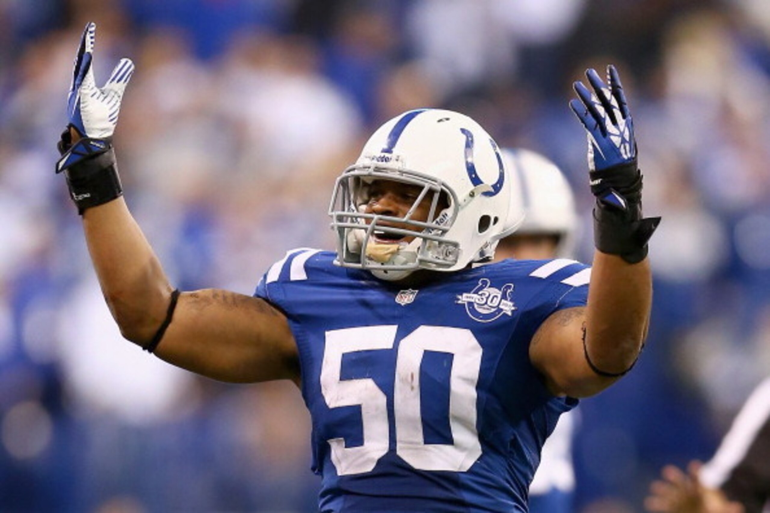 INDIANAPOLIS, IN - DECEMBER 01:  Jerrell Freeman #50 of the Indianapolis Colts celebrates after he intercepted a pass late in the fourth quarter during the NFL game against the Tennessee Titans at Lucas Oil Stadium on December 1, 2013 in Indianapolis, Ind