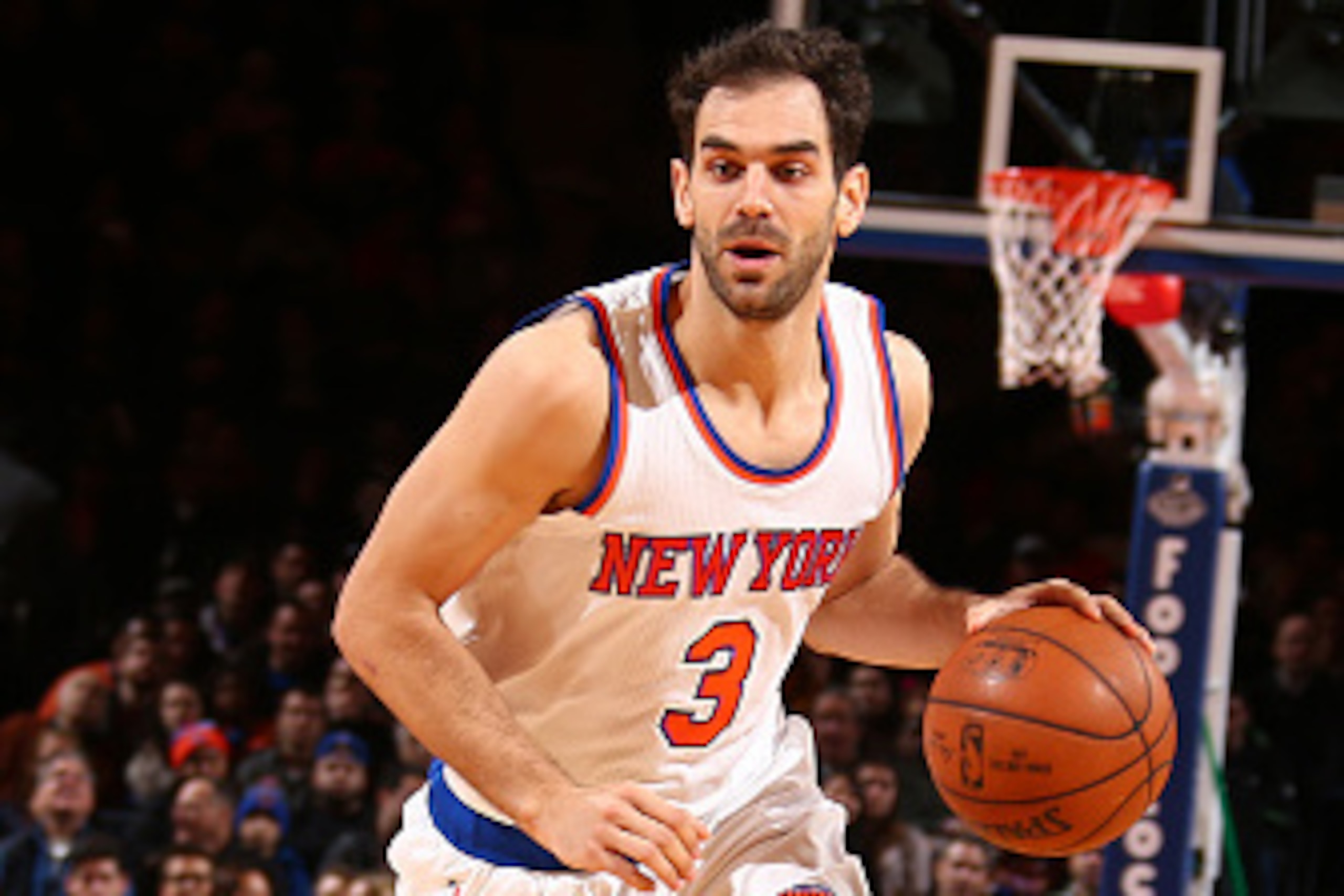 NEW YORK, NY - JANUARY 10:  Jose Calderon #3 of the New York Knicks handles the ball against the Charlotte Hornets during the game on January 10, 2015 at Madison Square Garden in New York City, New York.  NOTE TO USER: User expressly acknowledges and agre