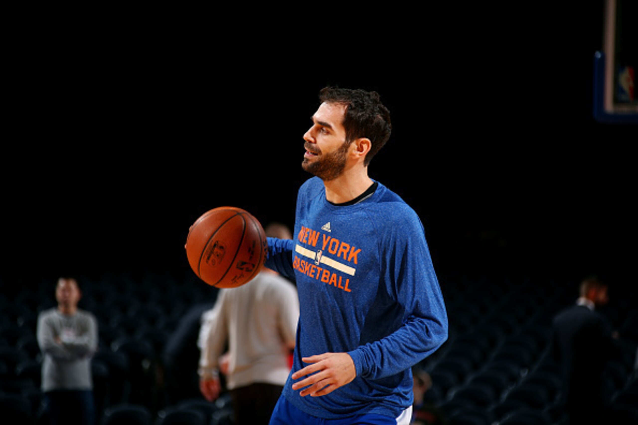 NEW YORK, NY - DECEMBER 14: Jose Calderon #3 of the New York Knicks warms up before a game against the Toronto Raptors at Madison Square Garden on December 14, 2014 in New York City, New York. NOTE TO USER: User expressly acknowledges and agrees that, by 