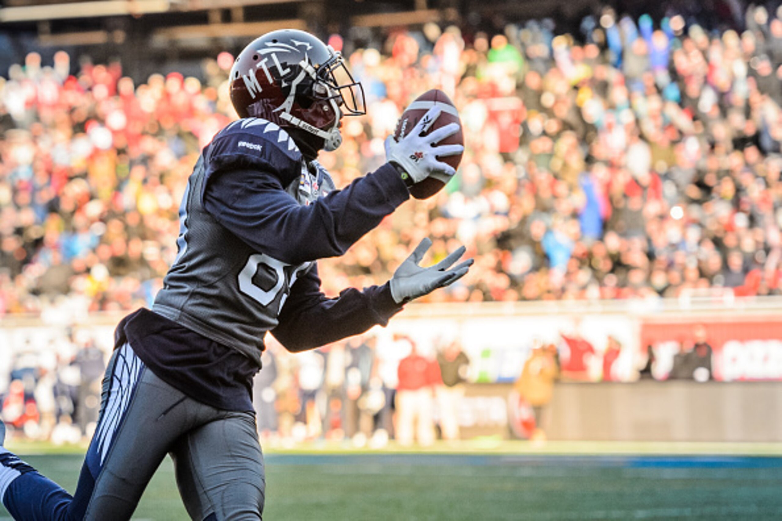MONTREAL, QC - NOVEMBER 2: Duron Carter #89 of the Montreal Alouettes scores a touchdown during the CFL game against the Toronto Argonauts at Percival Molson Stadium on November 2, 2014 in Montreal, Quebec, Canada. The Montreal Alouettes defeated the Toro