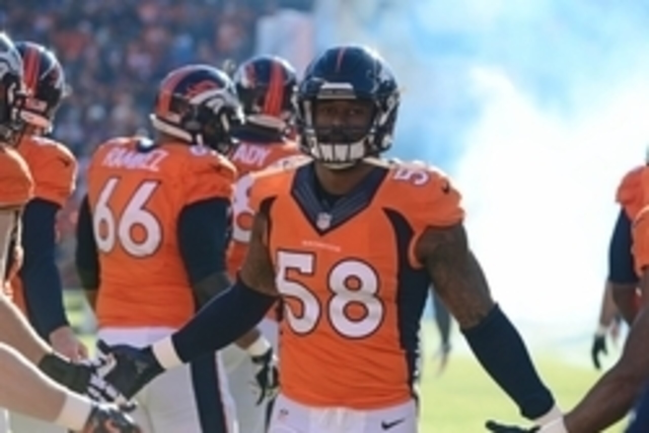 Dec 28, 2014; Denver, CO, USA; Denver Broncos outside linebacker Von Miller (58) before the start of the game against the Oakland Raiders at Sports Authority Field at Mile High. Mandatory Credit: Ron Chenoy-USA TODAY Sports