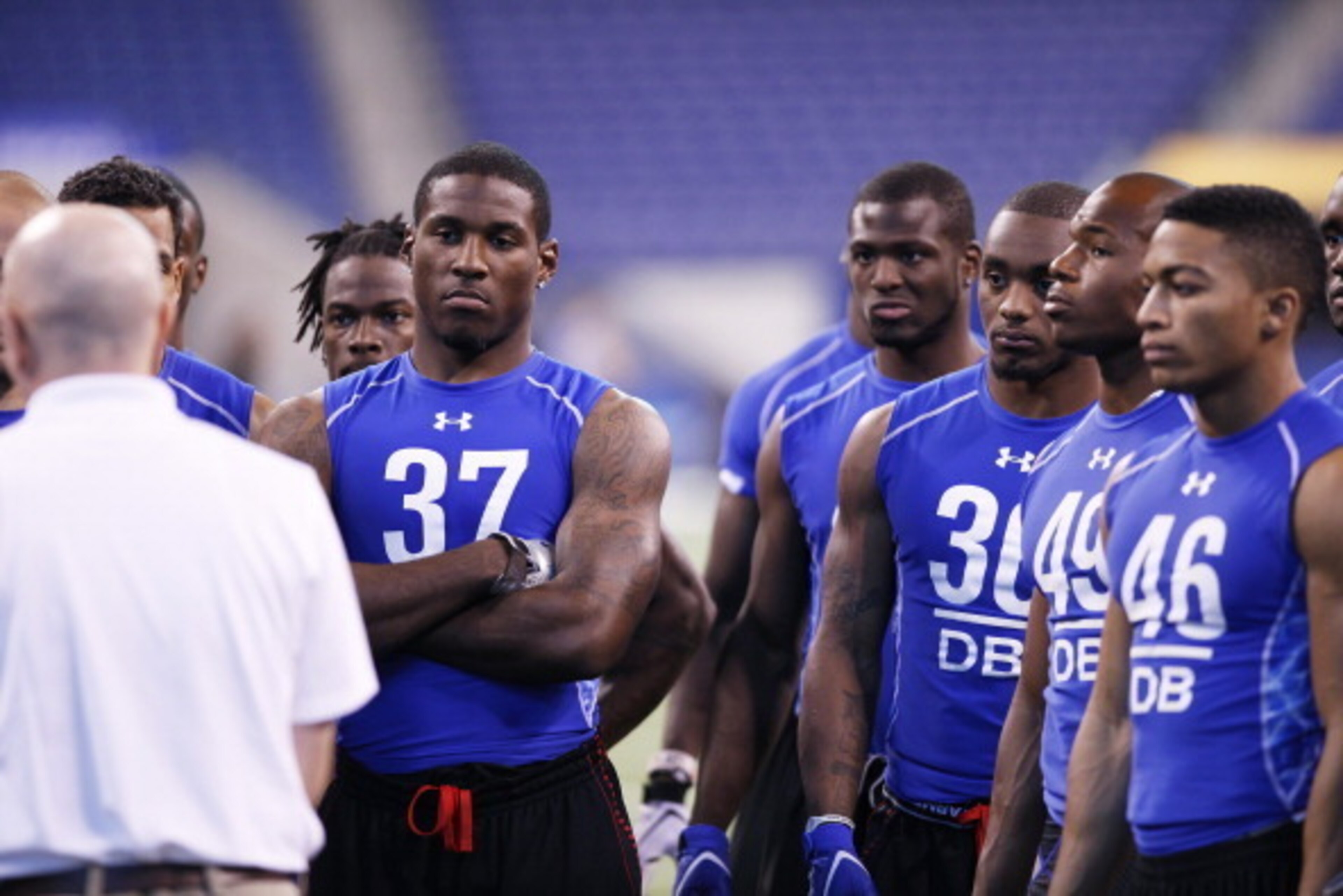 INDIANAPOLIS, IN - MARCH 1: Defensive back Patrick Peterson #37 of LSU looks on while standing with a group of other players during the 2011 NFL Scouting Combine at Lucas Oil Stadium on February 28, 2011 in Indianapolis, Indiana. (Photo by Joe Robbins/Get