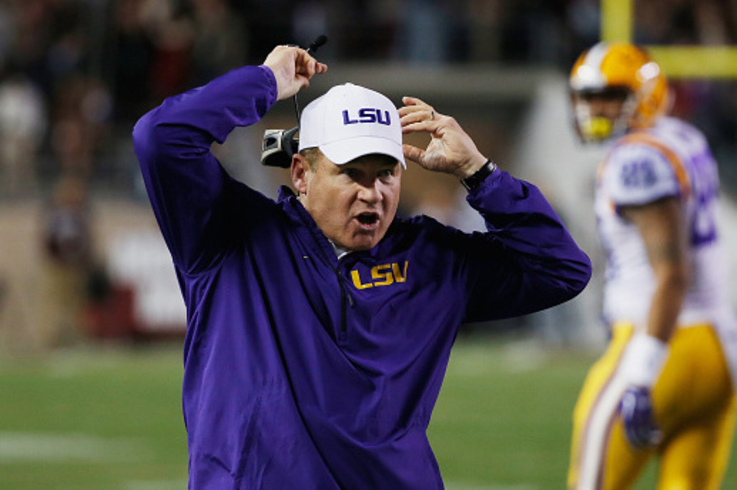 COLLEGE STATION, TX - NOVEMBER 27:  Head coach Les Miles of the LSU Tigers reacts to a play in the first half of their game against the Texas A&M Aggies at Kyle Field on November 27, 2014 in College Station, Texas.  (Photo by Scott Halleran/Getty Images)