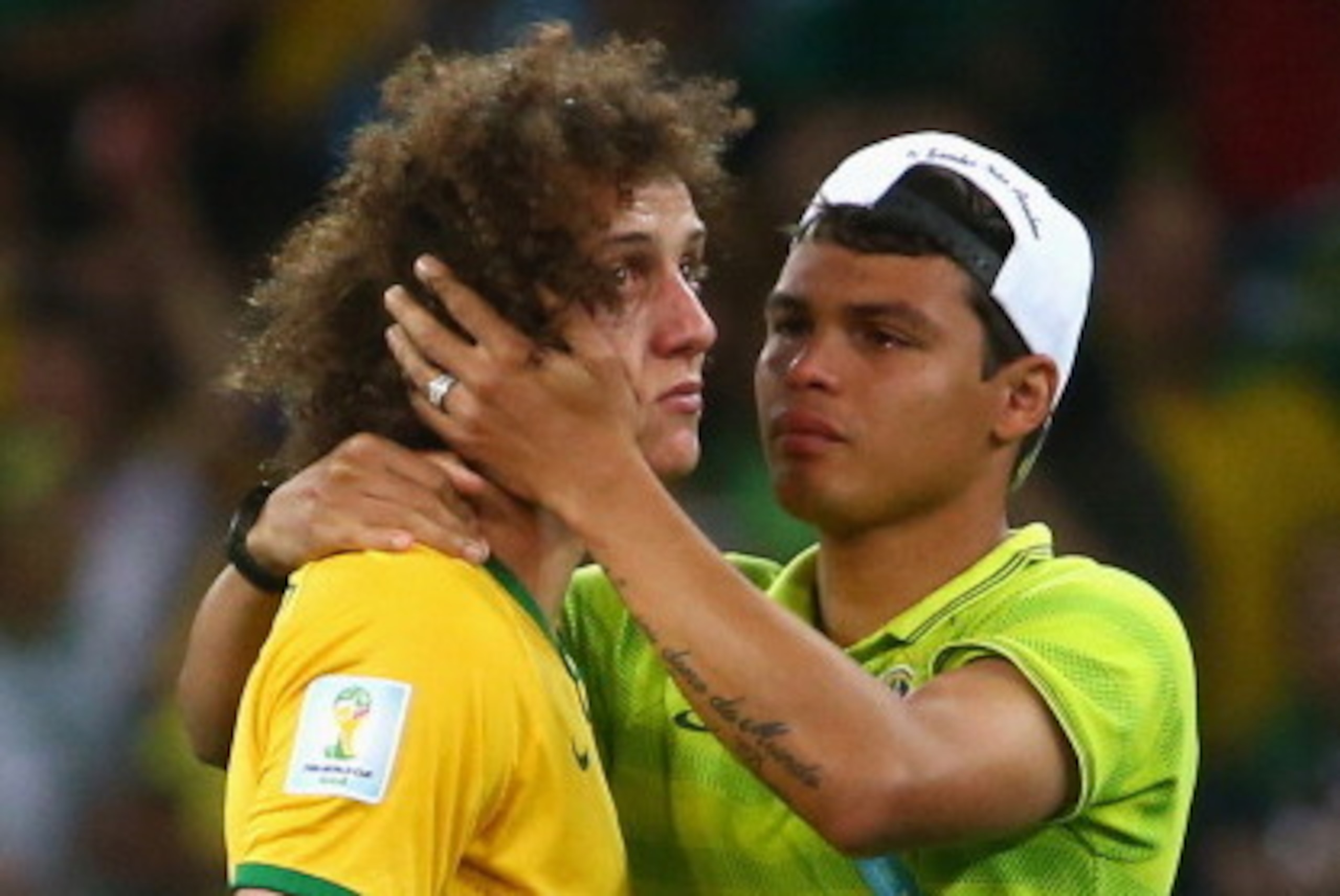 BELO HORIZONTE, BRAZIL - JULY 08:  Thiago Silva of Brazil (R) consoles teammate David Luiz after Germany's 7-1 victory during the 2014 FIFA World Cup Brazil Semi Final match between Brazil and Germany at Estadio Mineirao on July 8, 2014 in Belo Horizonte,