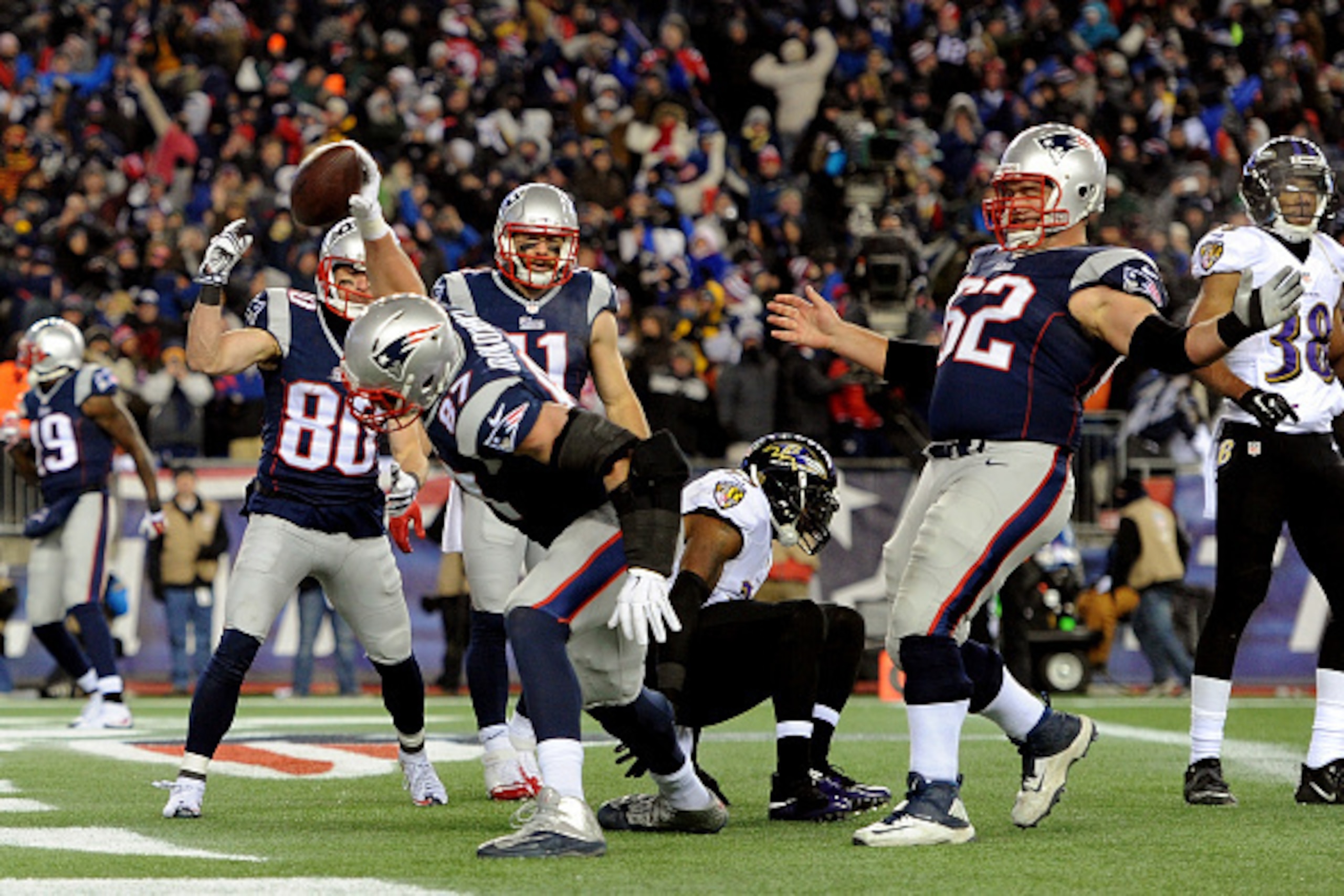 FOXBORO, MA - JANUARY 10: Rob Gronkowski #87 of the New England Patriots celebrates after scoring a touchdown in the third quarter against the Baltimore Ravens during the 2015 AFC Divisional Playoffs game at Gillette Stadium on January 10, 2015 in Foxboro