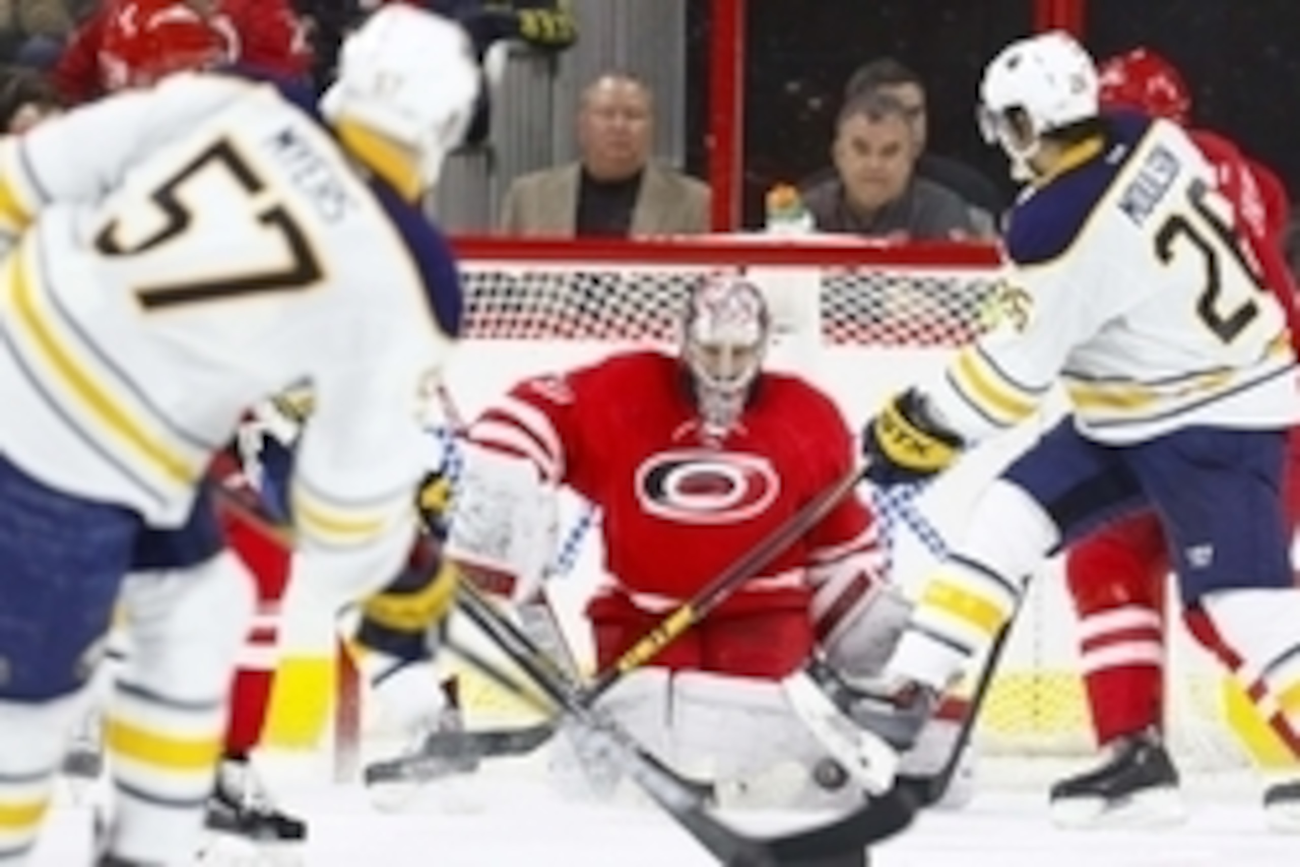 Jan 8, 2015; Raleigh, NC, USA; Carolina Hurricanes goalie Cam Ward (30) makes a 3rd period save against the Buffalo Sabres at PNC Arena. The Carolina Hurricanes defeated the Buffalo Sabres 5-2. Mandatory Credit: James Guillory-USA TODAY Sports