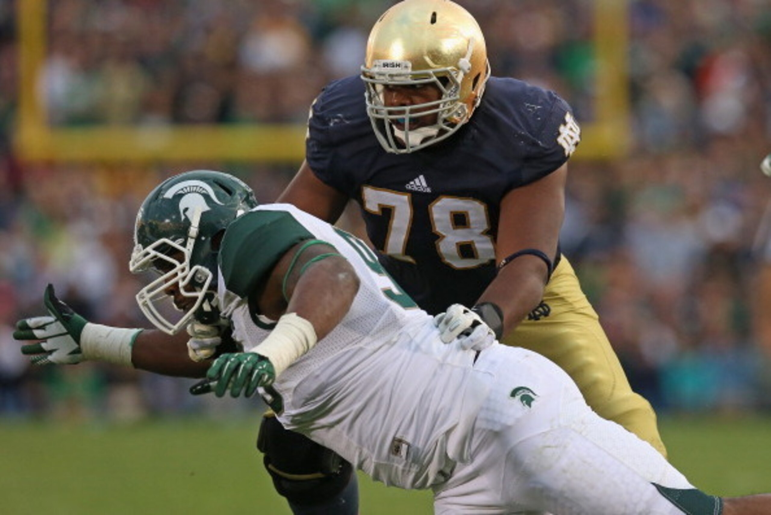 SOUTH BEND, IN - SEPTEMBER 21: Damon Knox #93 of the Michigan State Spartans rushes against Ronnie Stanley #78 of the Notre Dame Fighting Irish at Notre Dame Stadium on September 21, 2013 in South Bend, Indiana. Notre Dame defeated Michigan State 17-13. SOUTH BEND, IN - SEPTEMBER 21: Damon Knox #93 of the Michigan State Spartans rushes against Ronnie Stanley #78 of the Notre Dame Fighting Irish at Notre Dame Stadium on September 21, 2013 in South Bend, Indiana. Notre Dame defeated Michigan State 17-13.