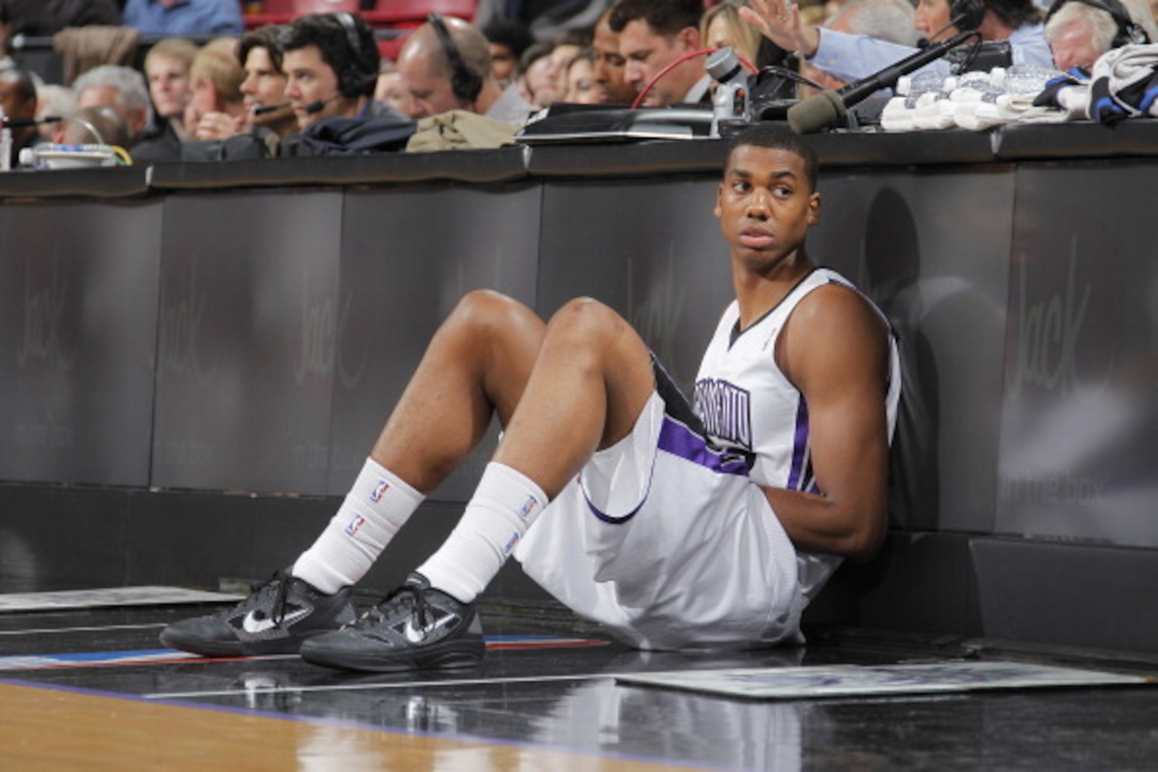 SACRAMENTO, CA - MARCH 1: Hassan Whiteside #33 of the Sacramento Kings waits to check into the game against the Los Angeles Clippers on March 1, 2012 at Power Balance Pavilion in Sacramento, California. NOTE TO USER: User expressly acknowledges and agrees