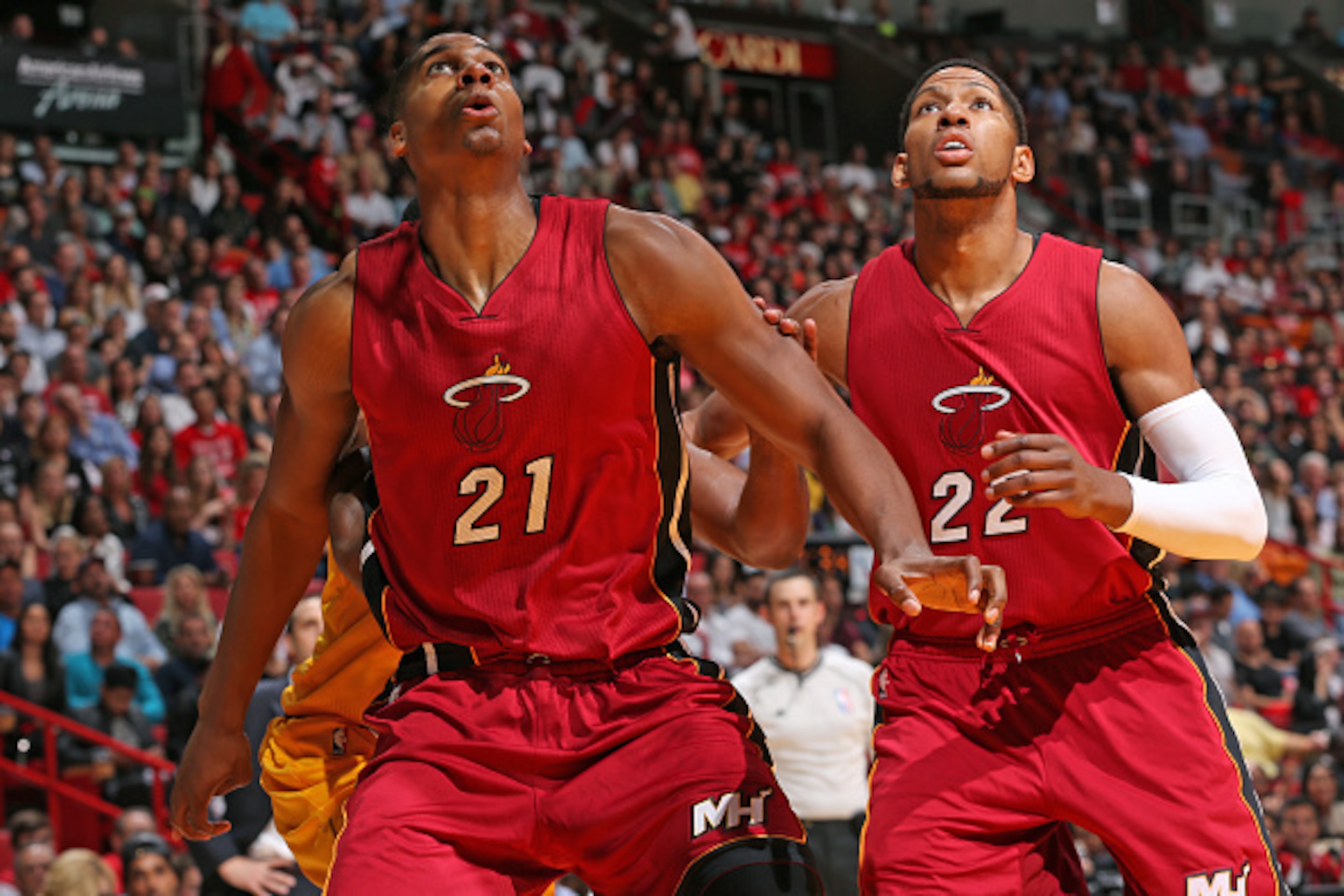 MIAMI, FL - DECEMBER 25:  Hassan Whiteside #21 and Danny Granger #22 of the Miami Heat wait for a rebound against the Cleveland Cavaliers at the American Airlines Arena on December 25, 2014 in Miami, Florida. NOTE TO USER: User expressly acknowledges and 
