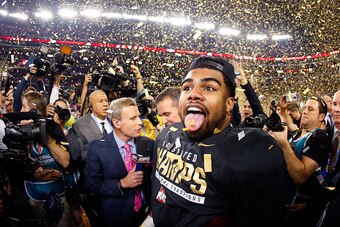 ARLINGTON, TX - JANUARY 12:  Running back Ezekiel Elliott #15 of the Ohio State Buckeyes celebrates after defeating the Oregon Ducks 42 to 20 in the College Football Playoff National Championship Game at AT&T Stadium on January 12, 2015 in Arlington, Texa