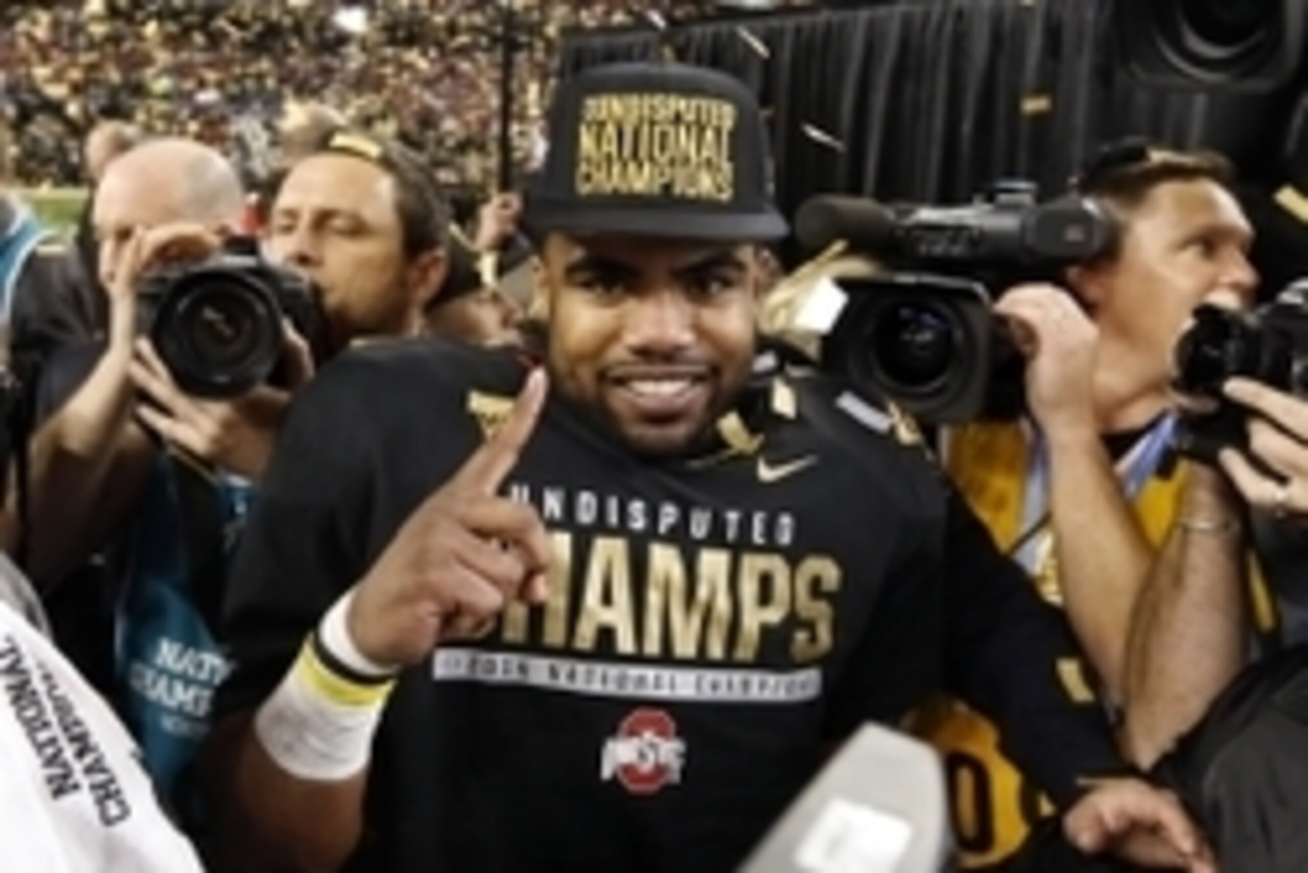 Jan 12, 2015; Arlington, TX, USA;  Ohio State Buckeyes running back Ezekiel Elliott (15) celebrates after defeating the Oregon Ducks in the 2015 CFP National Championship Game at AT&T Stadium. Mandatory Credit: Matthew Emmons-USA TODAY Sports