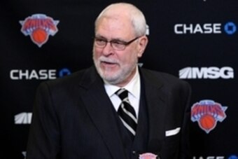 Jan 10, 2015; New York, NY, USA; New York Knicks president Phil Jackson addresses the media before the start of game against the Charlotte Hornets at Madison Square Garden. Mandatory Credit: Noah K. Murray-USA TODAY Sports