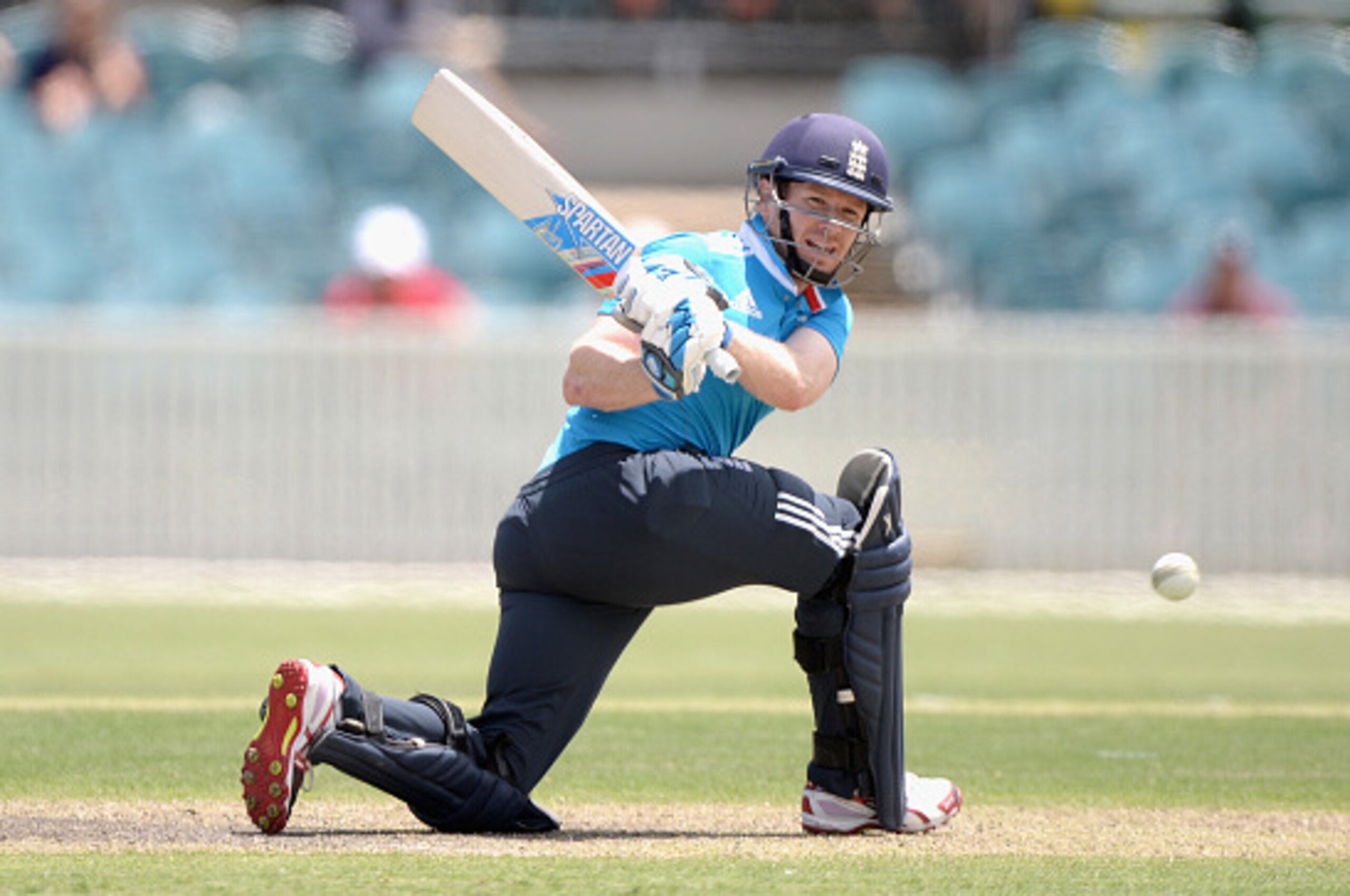 CANBERRA, AUSTRALIA - JANUARY 12:  England captain Eoin Morgan bats during the one day tour match between the ACT XI and England at Manuka Oval on January 12, 2015 in Canberra, Australia.  (Photo by Gareth Copley/Getty Images)