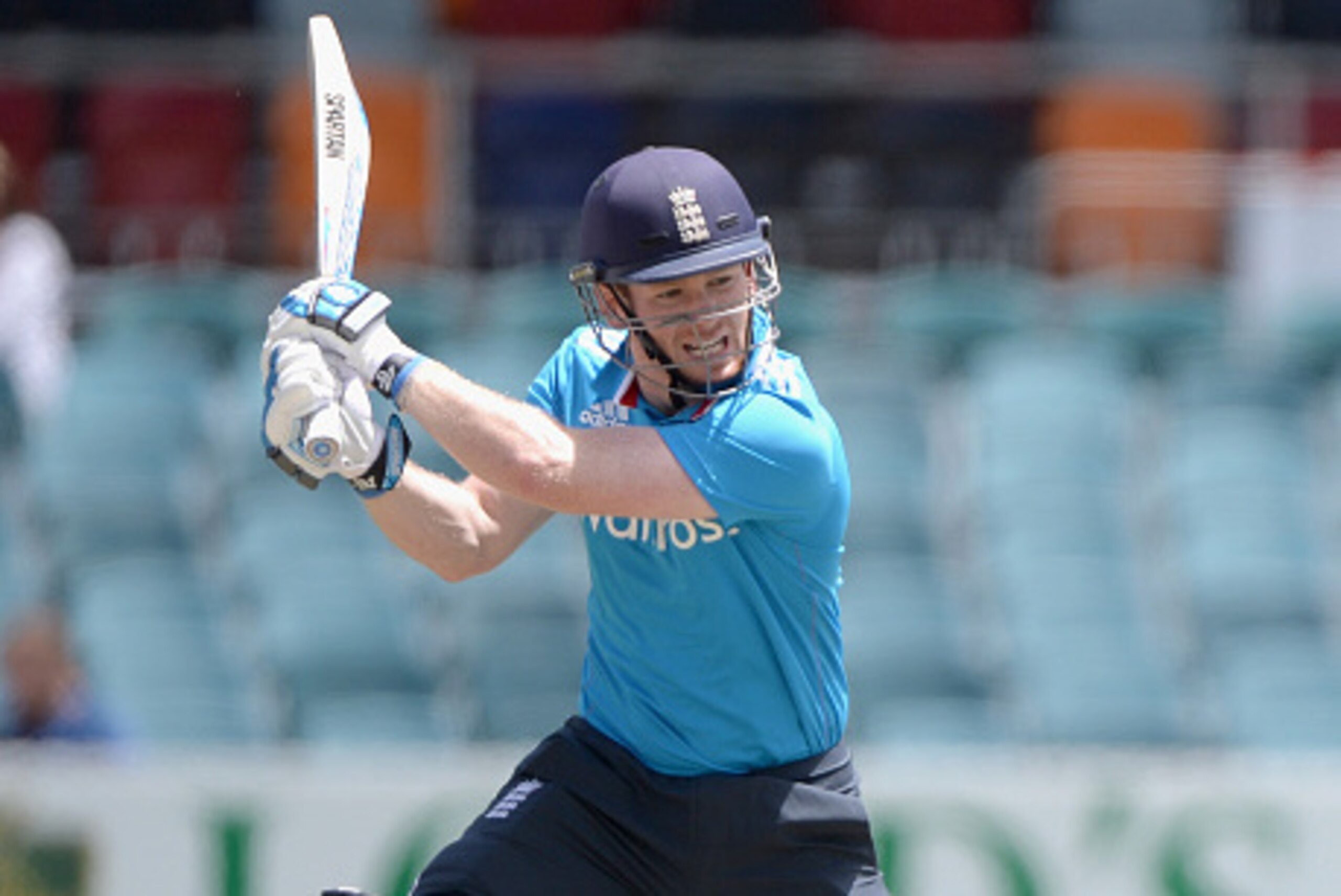 CANBERRA, AUSTRALIA - JANUARY 12:  England captain Eoin Morgan bats during the one day tour match between the ACT XI and England at Manuka Oval on January 12, 2015 in Canberra, Australia.  (Photo by Gareth Copley/Getty Images)