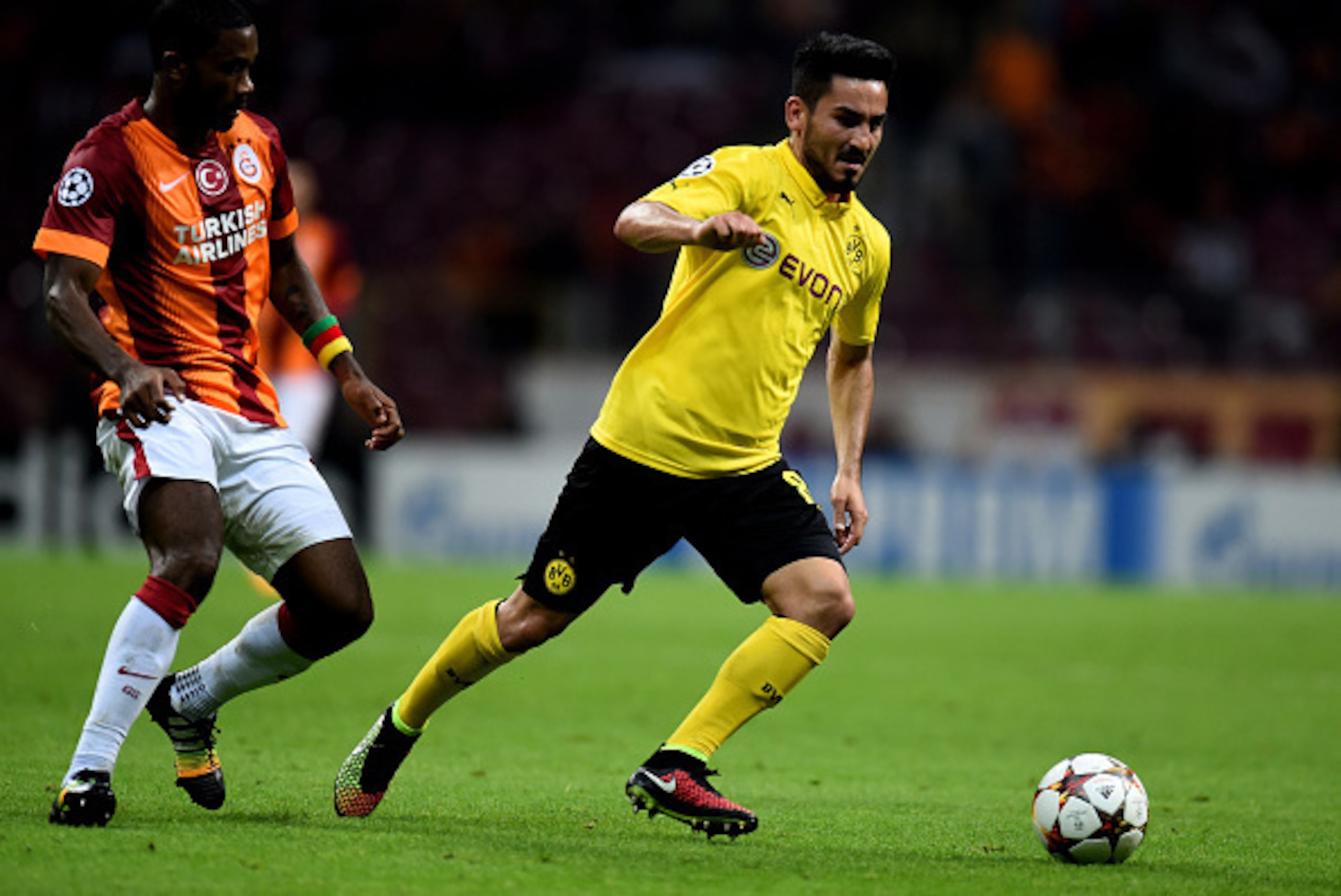 ISTANBUL, TURKEY - OCTOBER 22: Ilkay Gundogan of Borussia Dortmund runs with the ball during UEFA Champions League Group D match between Galatasaray and Borussia Dortmund at Turk Telekom Arena on October 22, 2014 in Istanbul, Turkey.  (Photo by Lars Baron