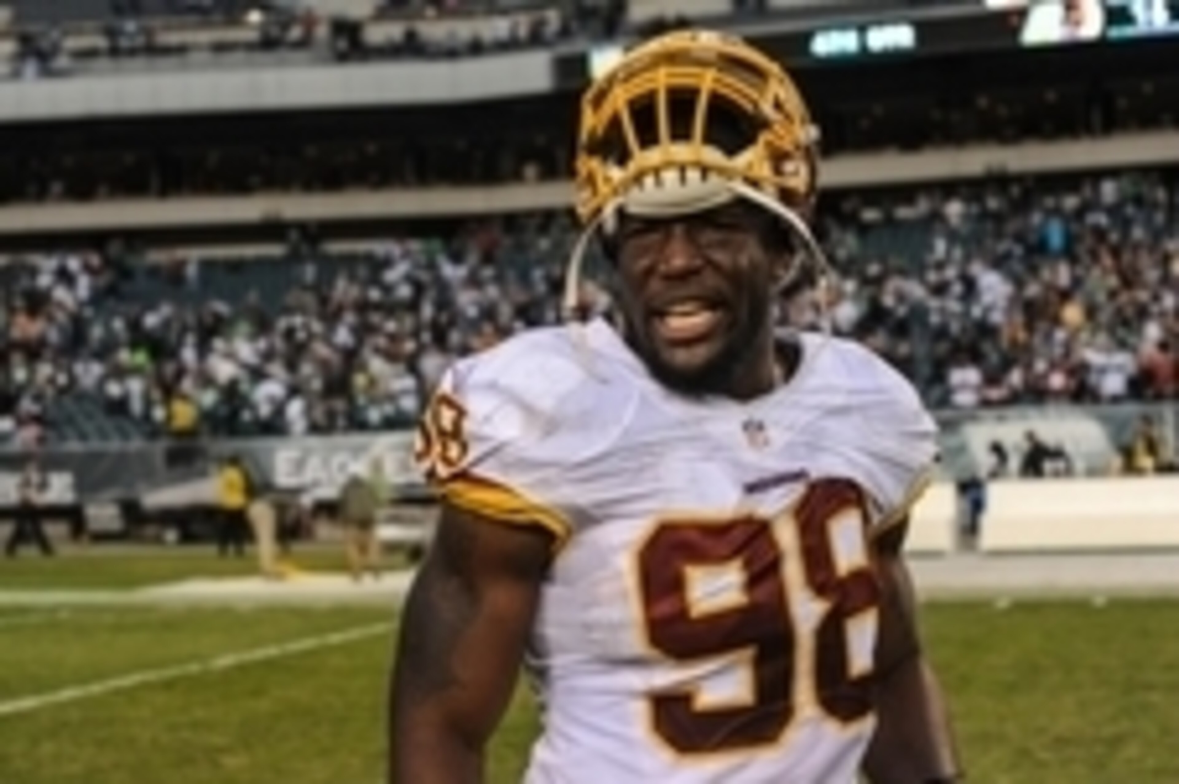 Nov 17, 2013; Philadelphia, PA, USA; Washington Redskins outside linebacker Brian Orakpo (98) after the game at Lincoln Financial Field. The Philadelphia Eagles won the game 24-16. Mandatory Credit: John Geliebter-USA TODAY Sports